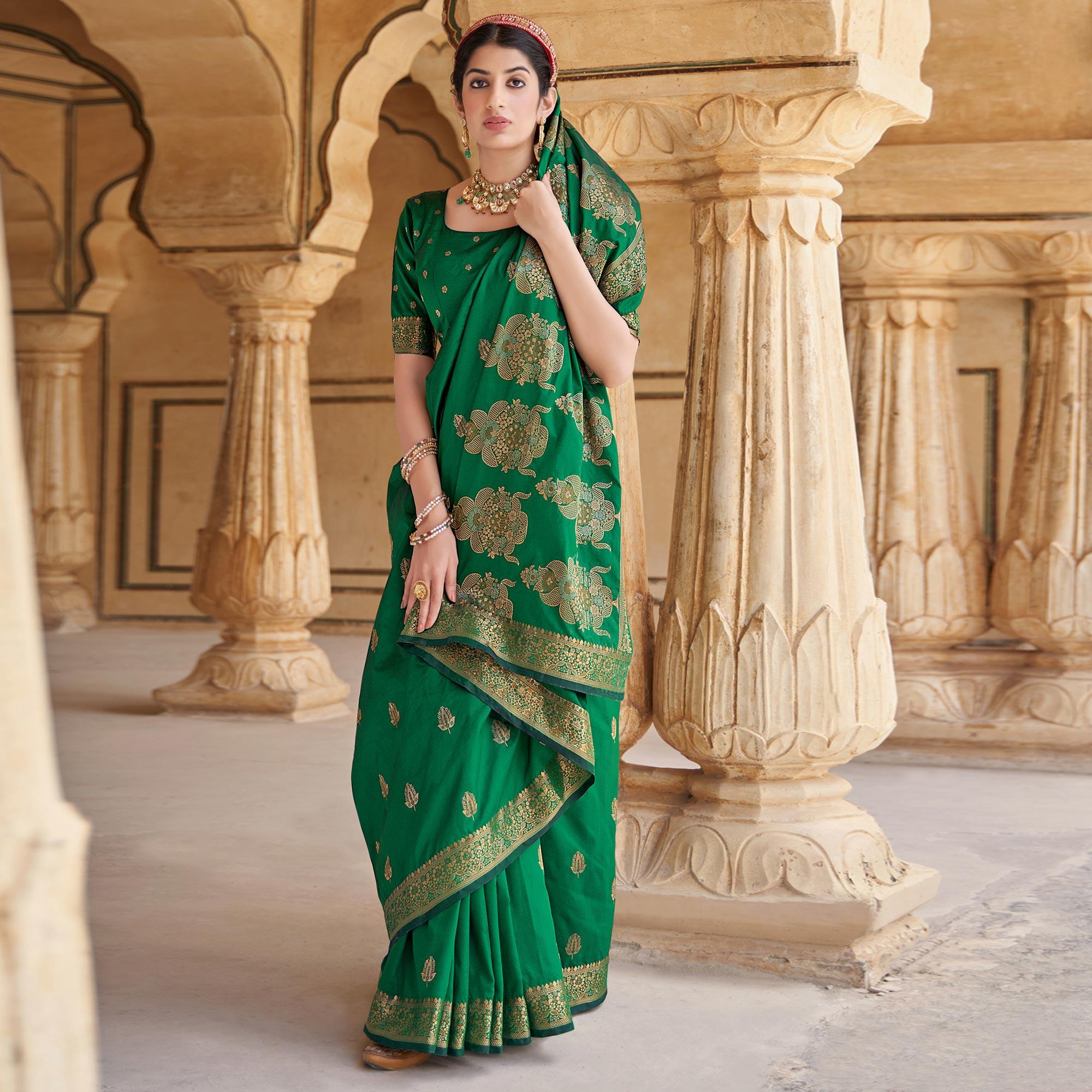 Green Festive Wear Woven Banarasi Silk Saree - Peachmode