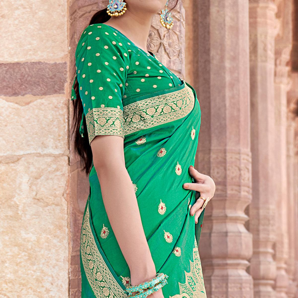 Green Festive Wear Woven Banarasi Silk Saree - Peachmode