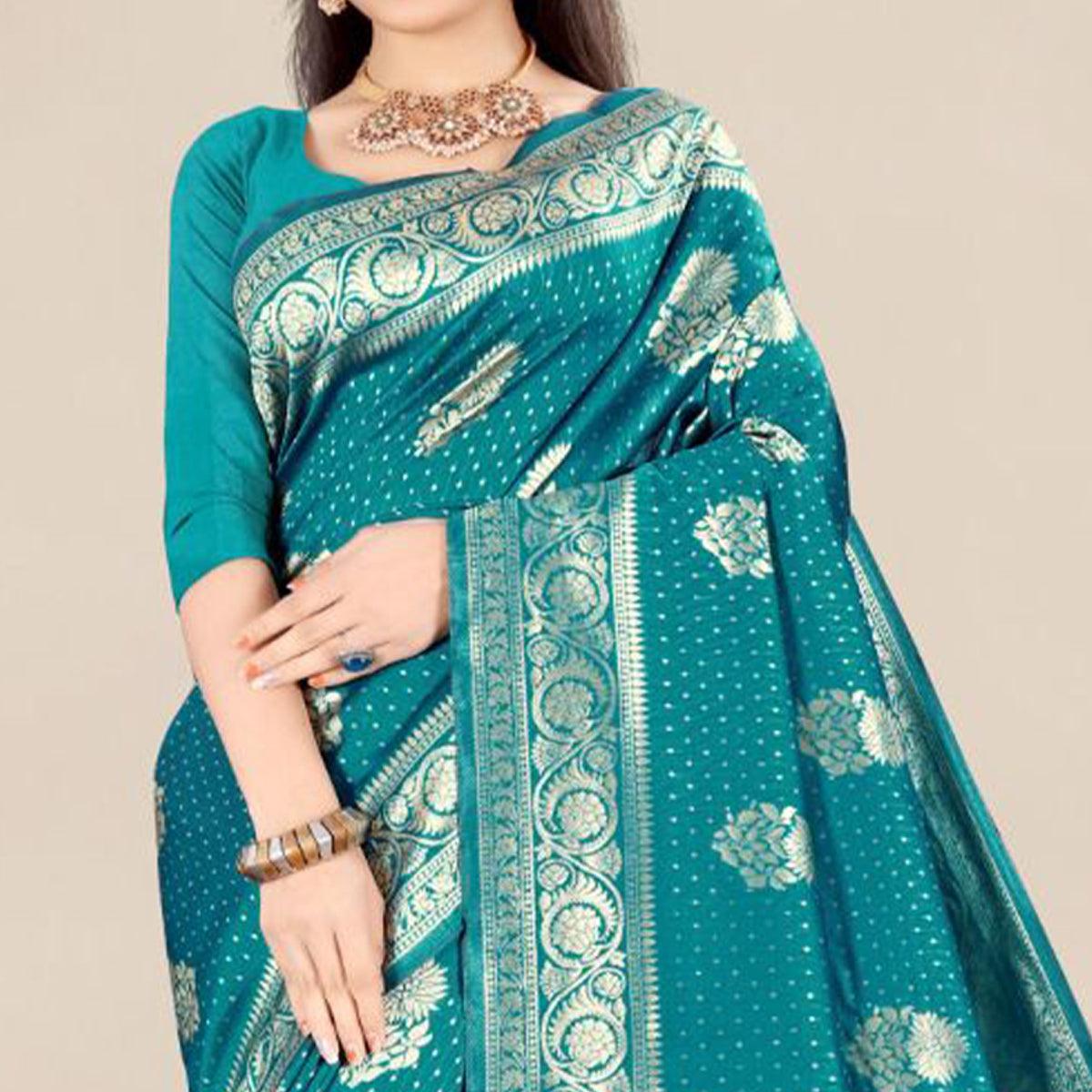 Green Festive Wear Woven Banarasi Silk Saree - Peachmode