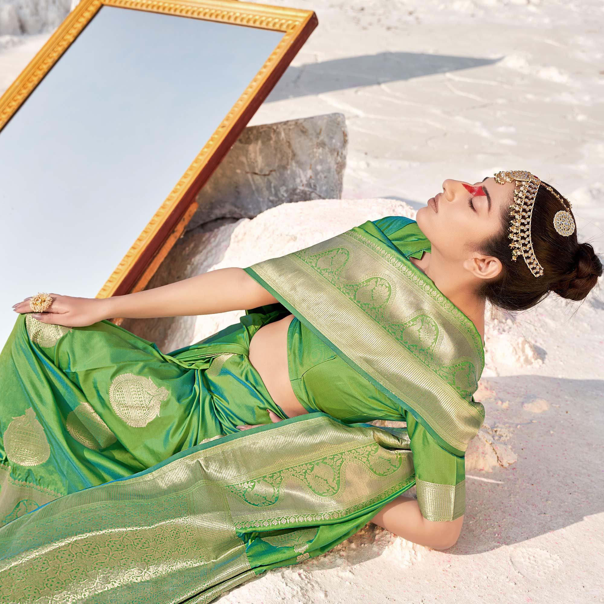 Green Festive Wear Woven Banarasi Silk Saree - Peachmode