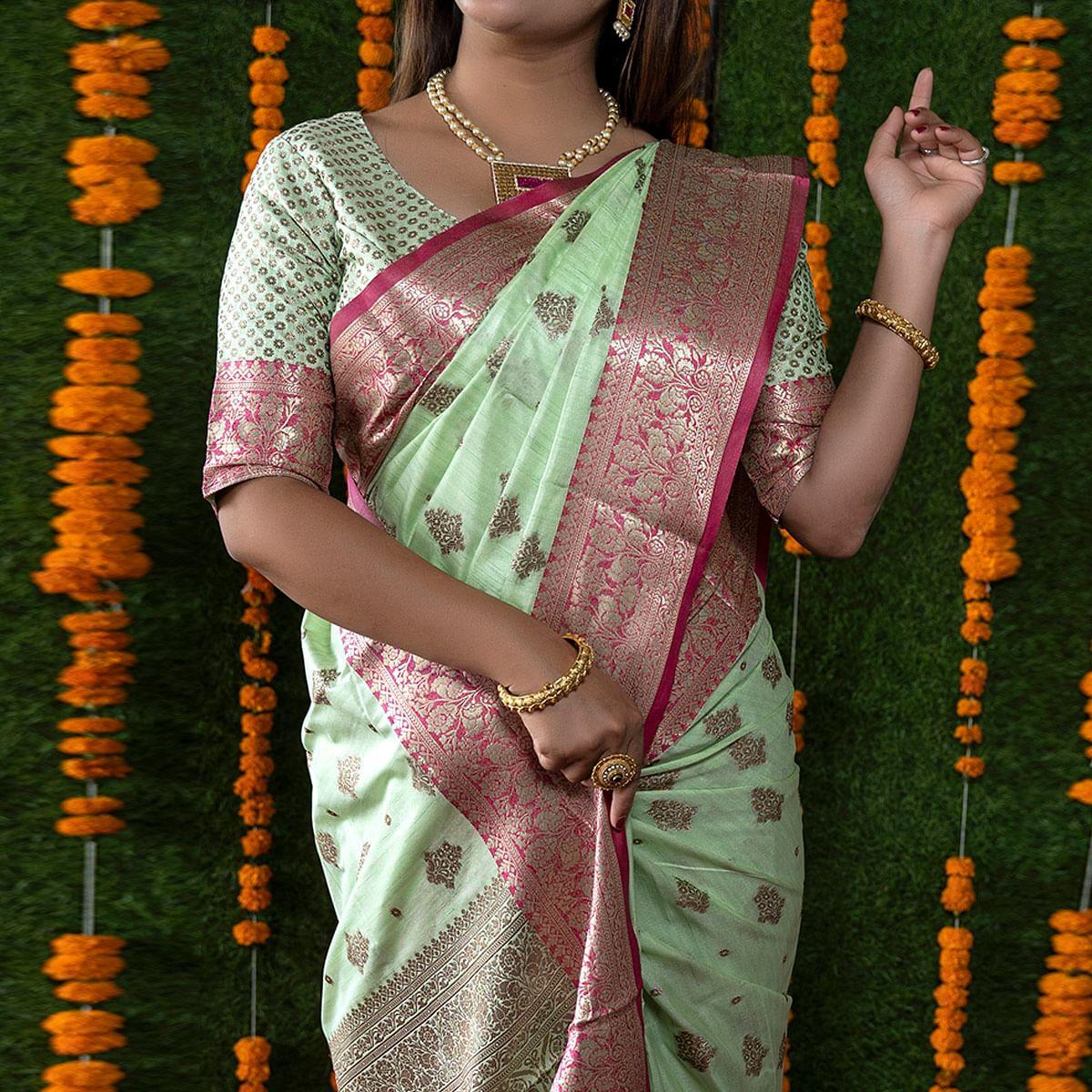 Green Festive Wear Woven Banarasi Silk Saree - Peachmode