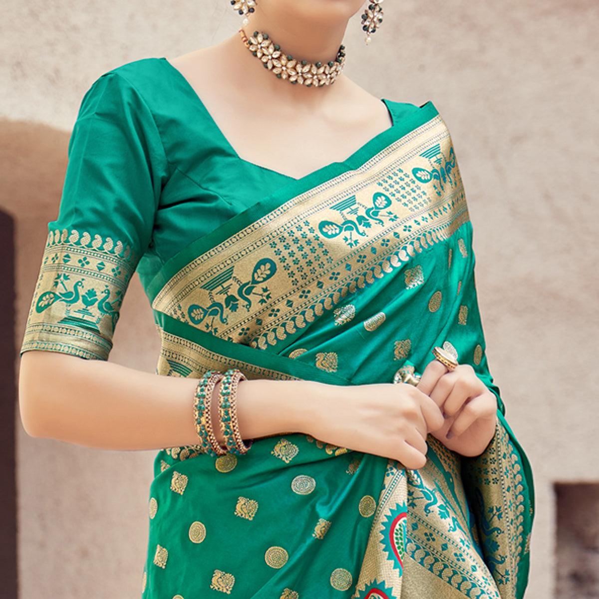 Green Festive Wear Woven Banarasi Silk Saree - Peachmode