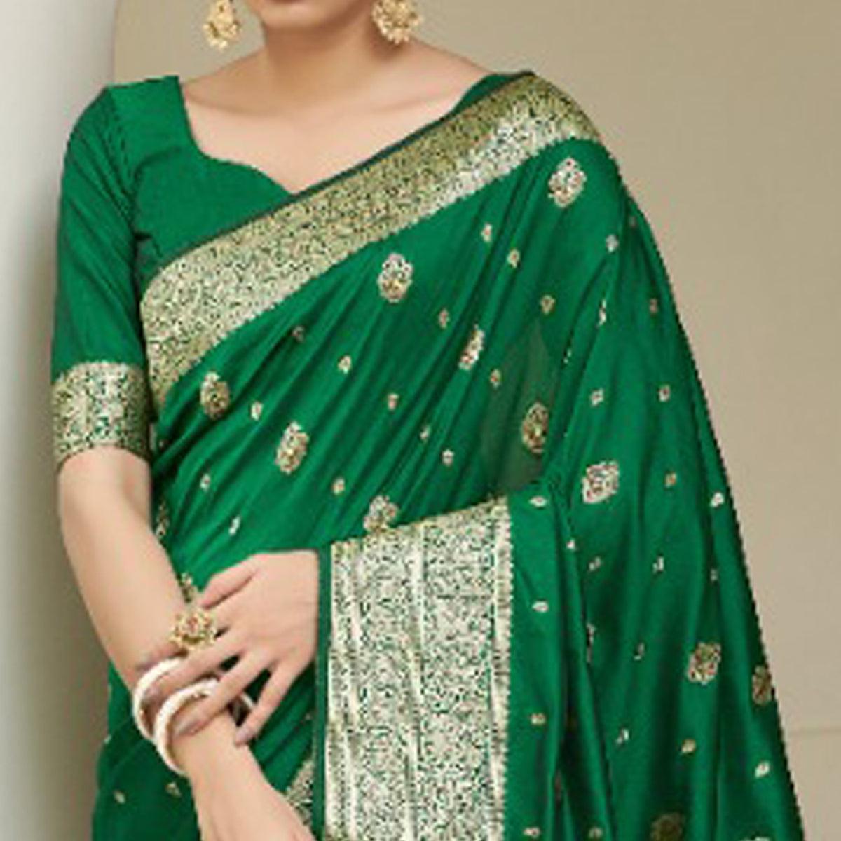 Green Festive Wear Woven Banarasi Silk Saree - Peachmode