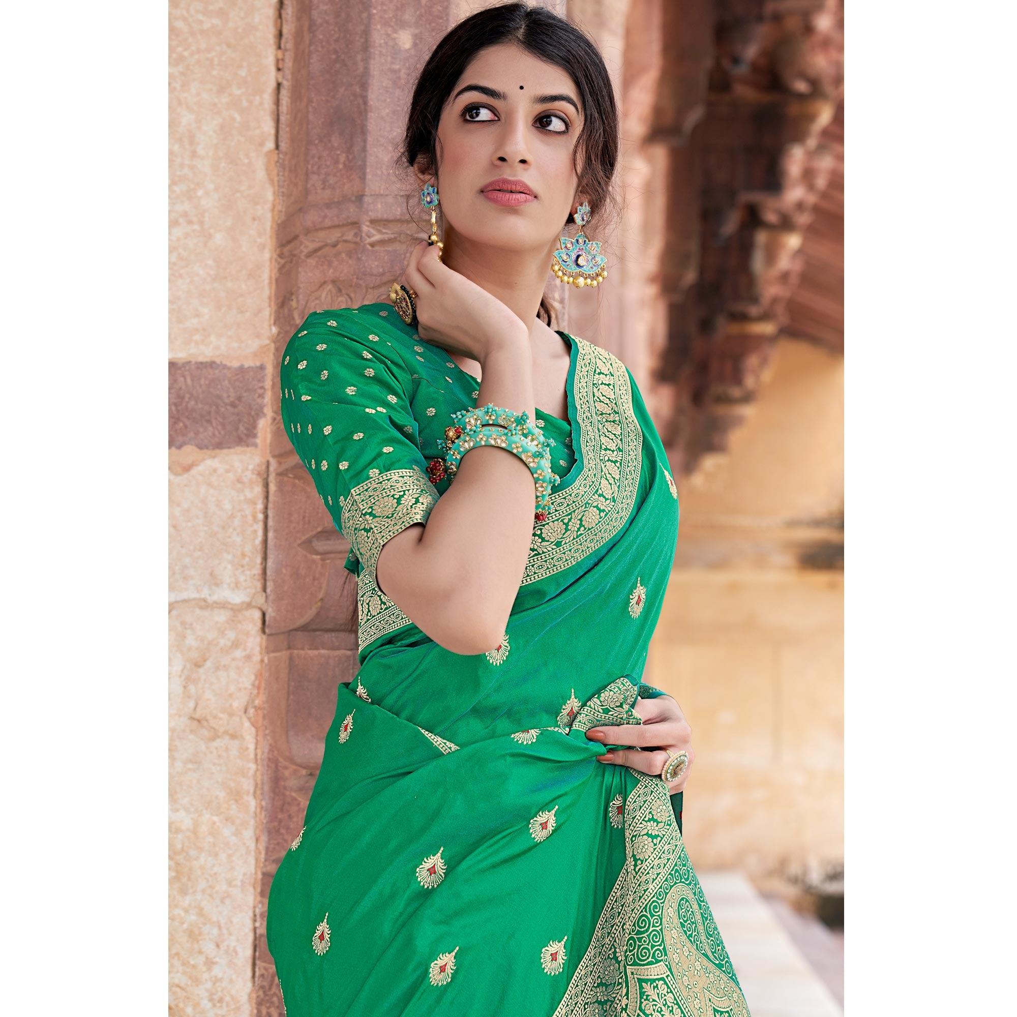 Green Festive Wear Woven Banarasi Silk Saree - Peachmode