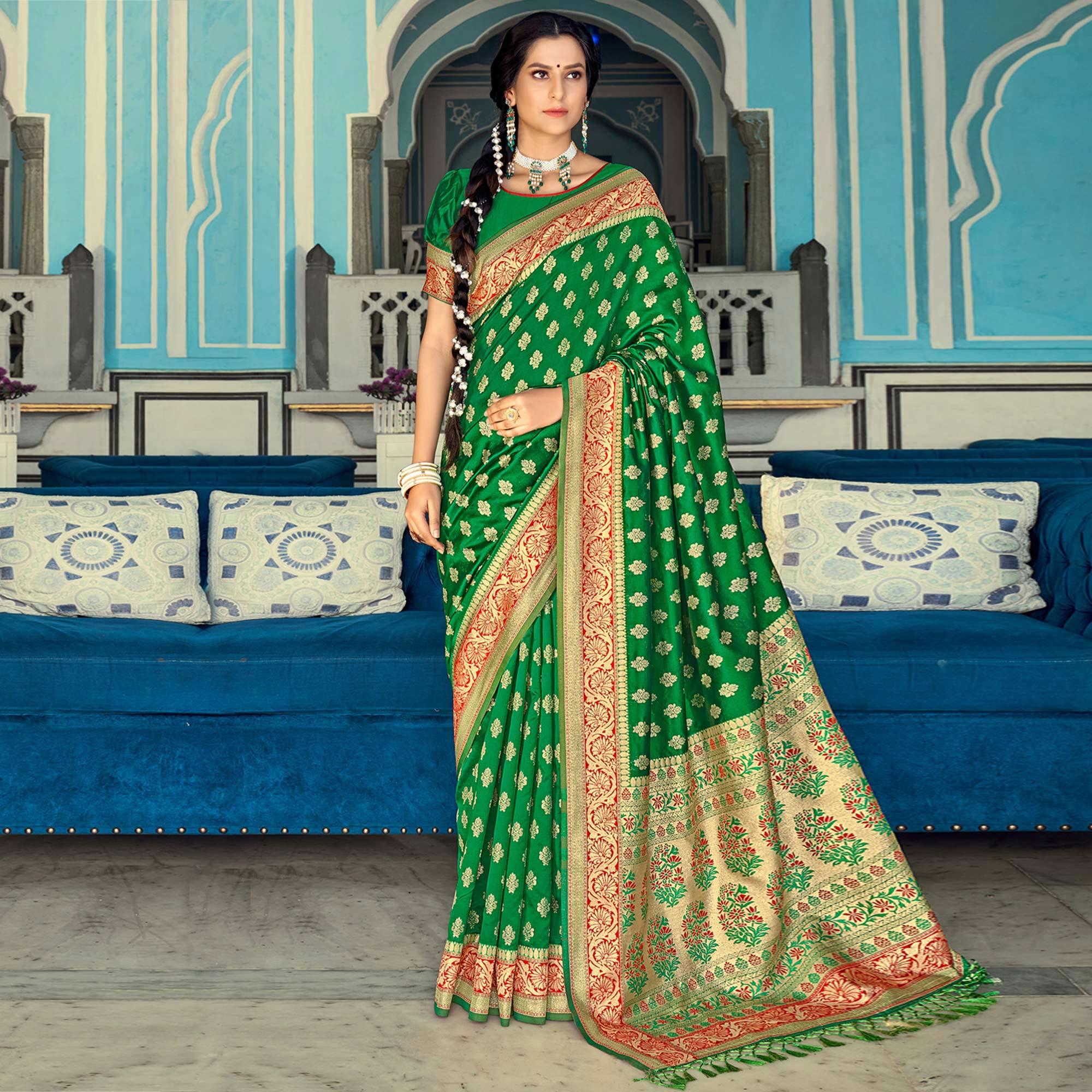 Green Festive Wear Woven Banarasi Silk Saree - Peachmode