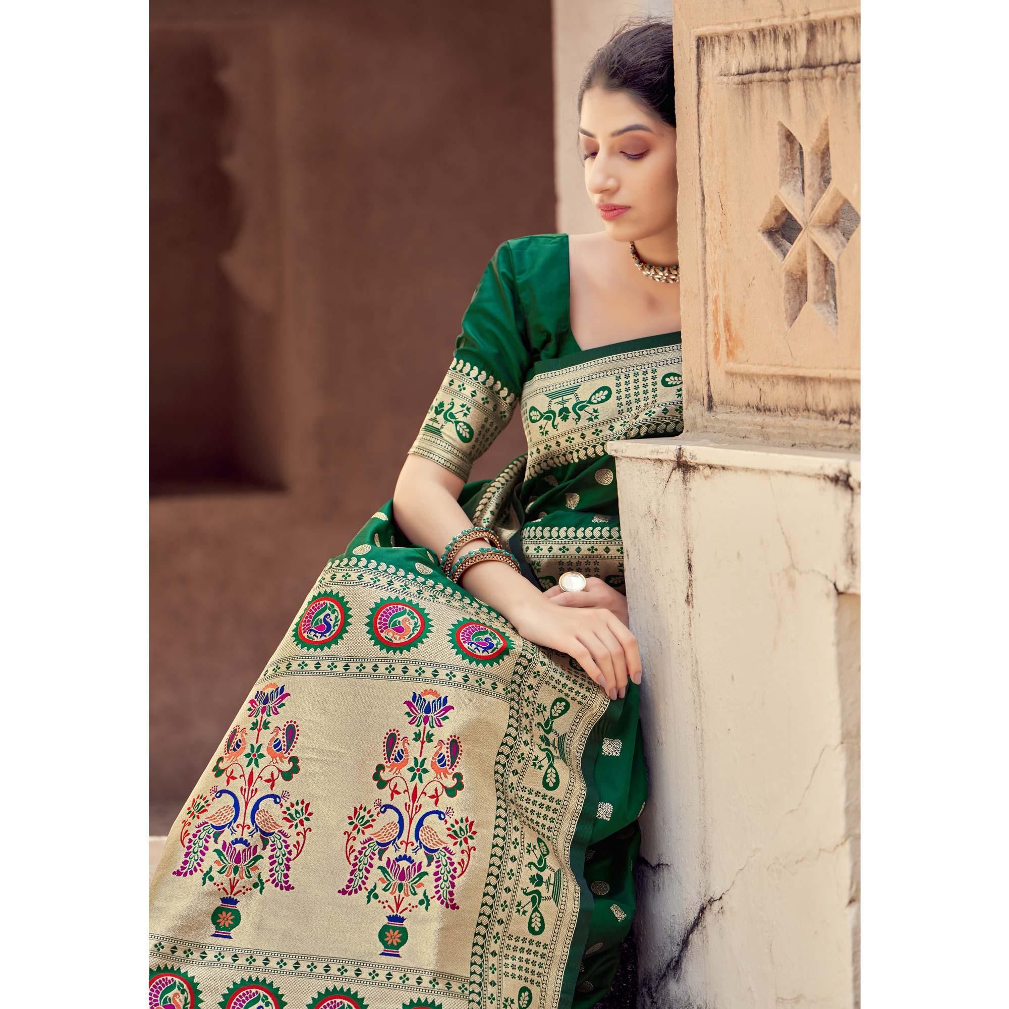 Green Festive Wear Woven Banarasi Silk Saree - Peachmode