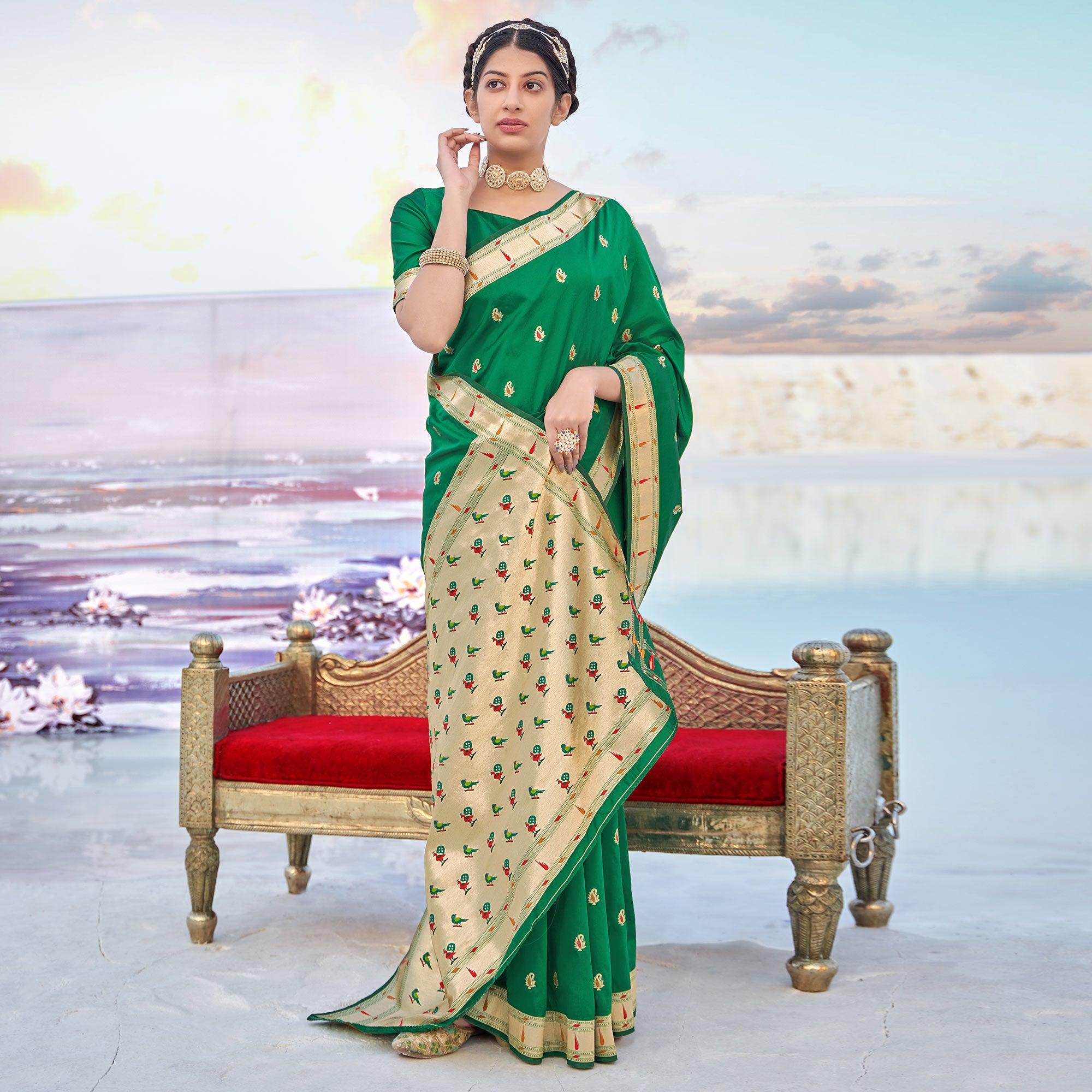 Green Festive Wear Woven Banarasi Silk Saree - Peachmode