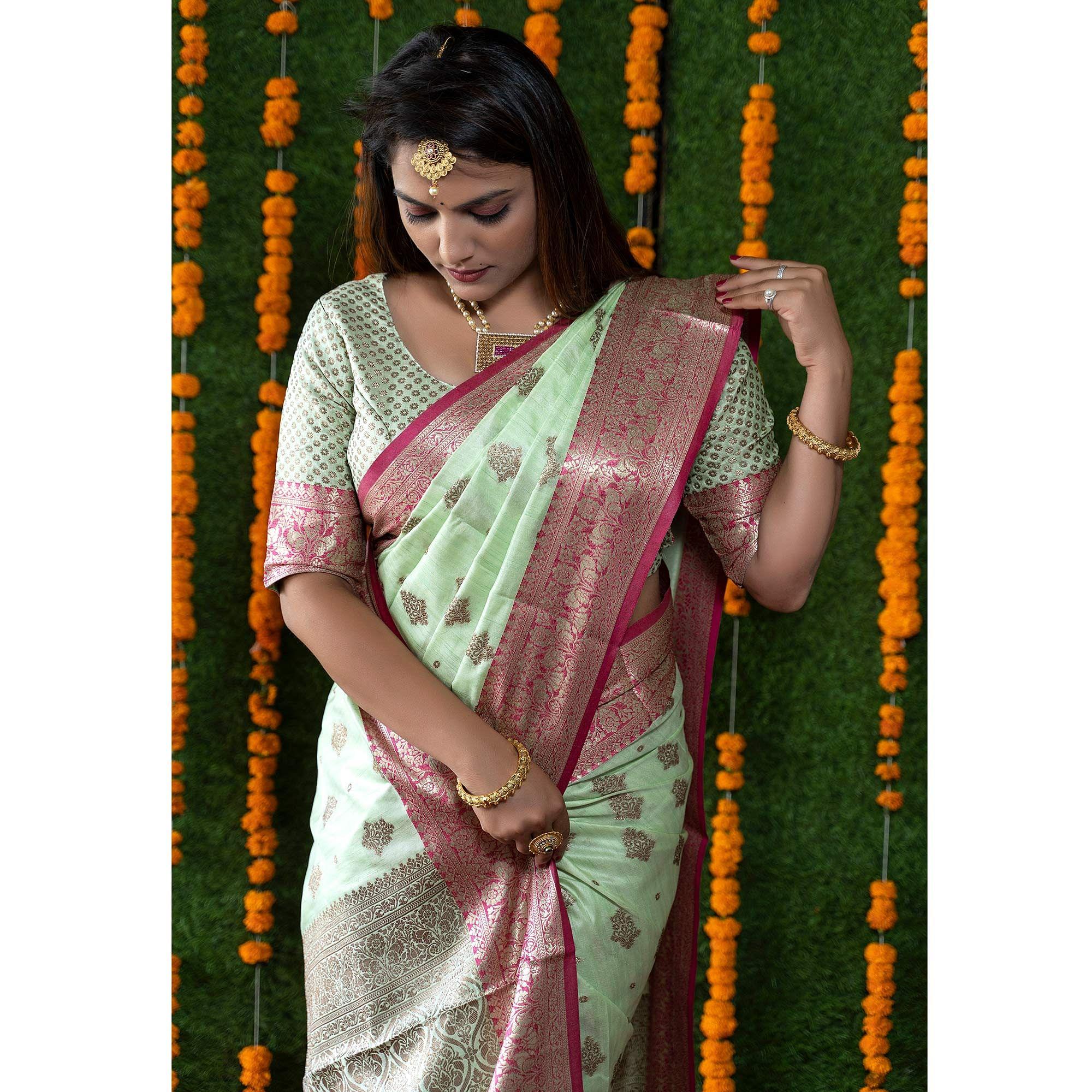 Green Festive Wear Woven Banarasi Silk Saree - Peachmode