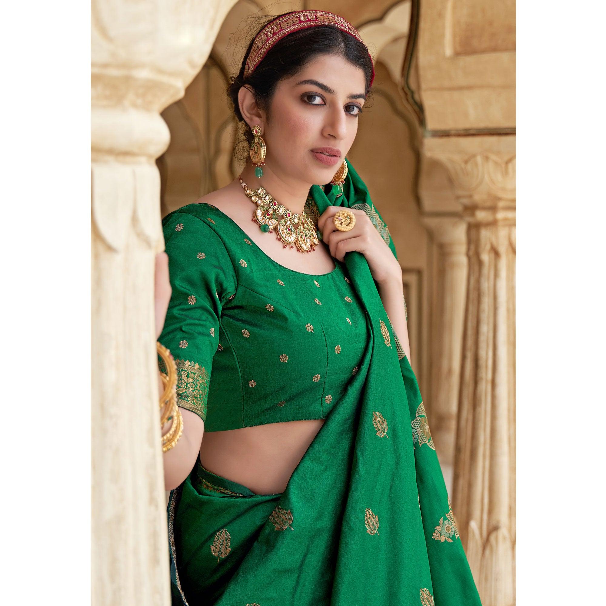 Green Festive Wear Woven Banarasi Silk Saree - Peachmode