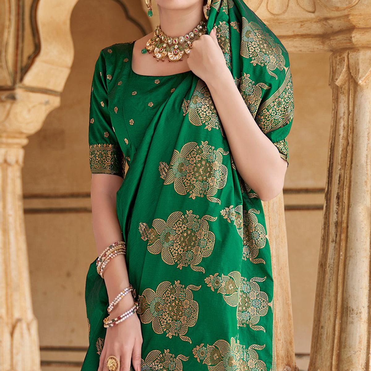 Green Festive Wear Woven Banarasi Silk Saree - Peachmode