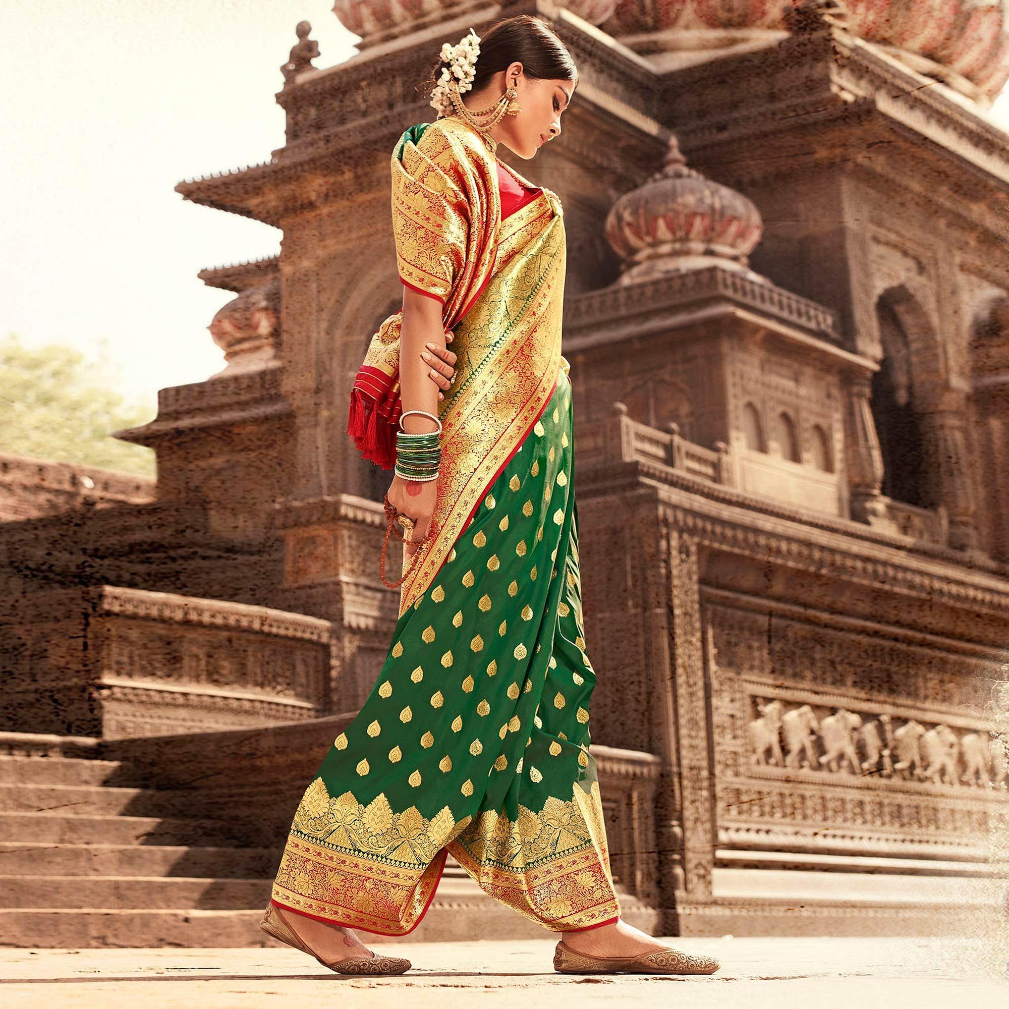 Green Festive Wear Woven Banarasi Silk Saree With Zari Border Pallu - Peachmode