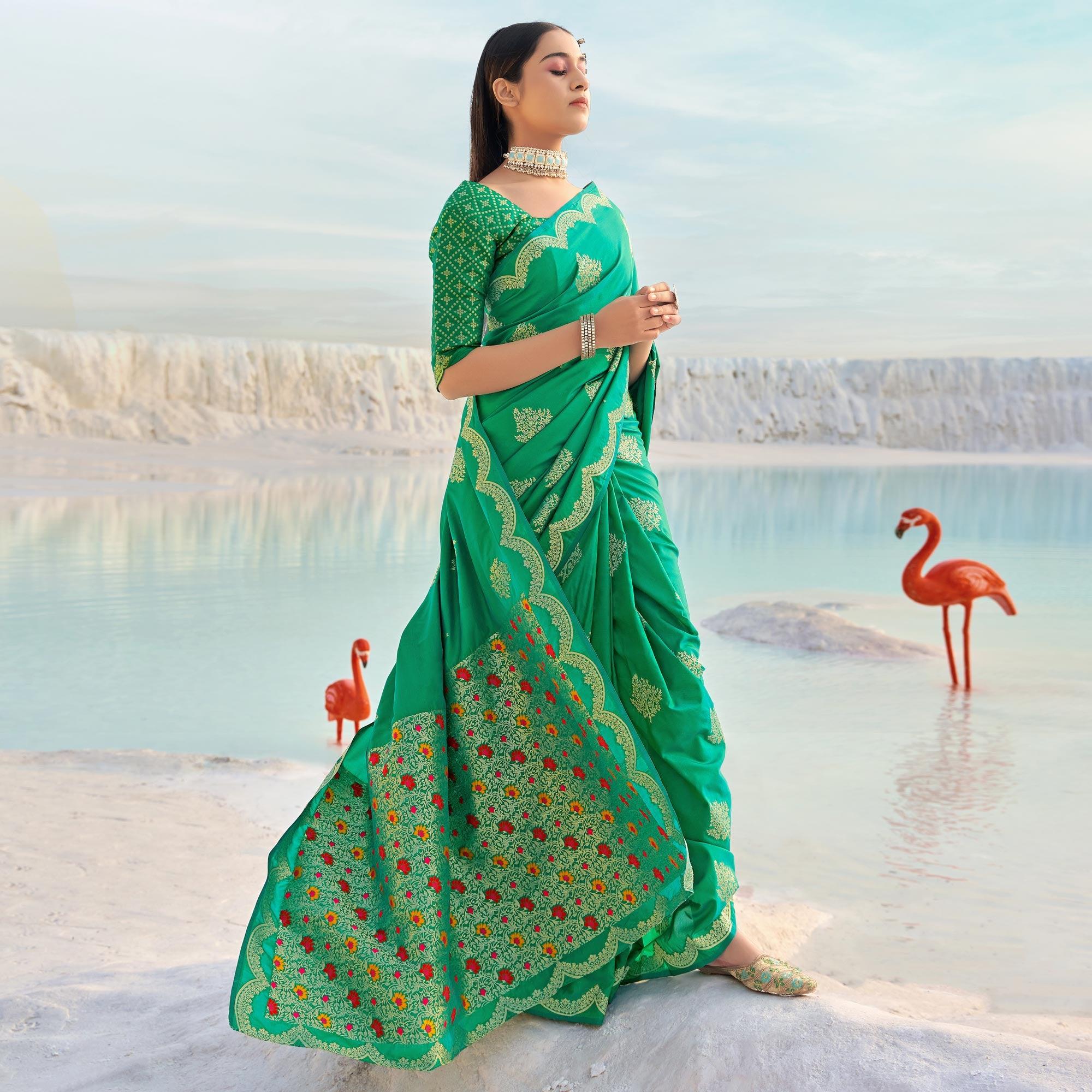Green Festive Wear Woven Banarasi Soft Silk Saree - Peachmode