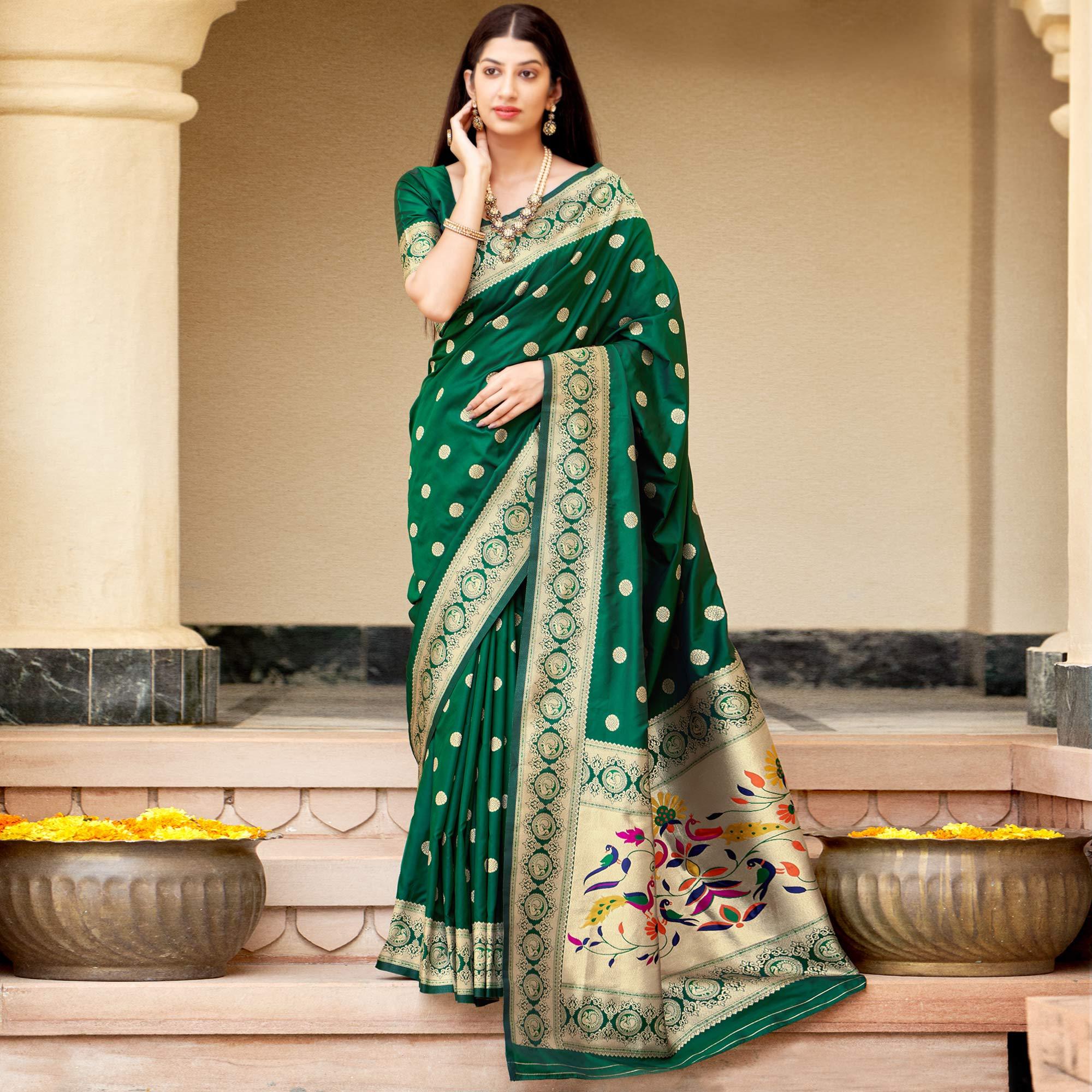 Green Festive Wear Woven Banarasi Soft Silk Saree - Peachmode