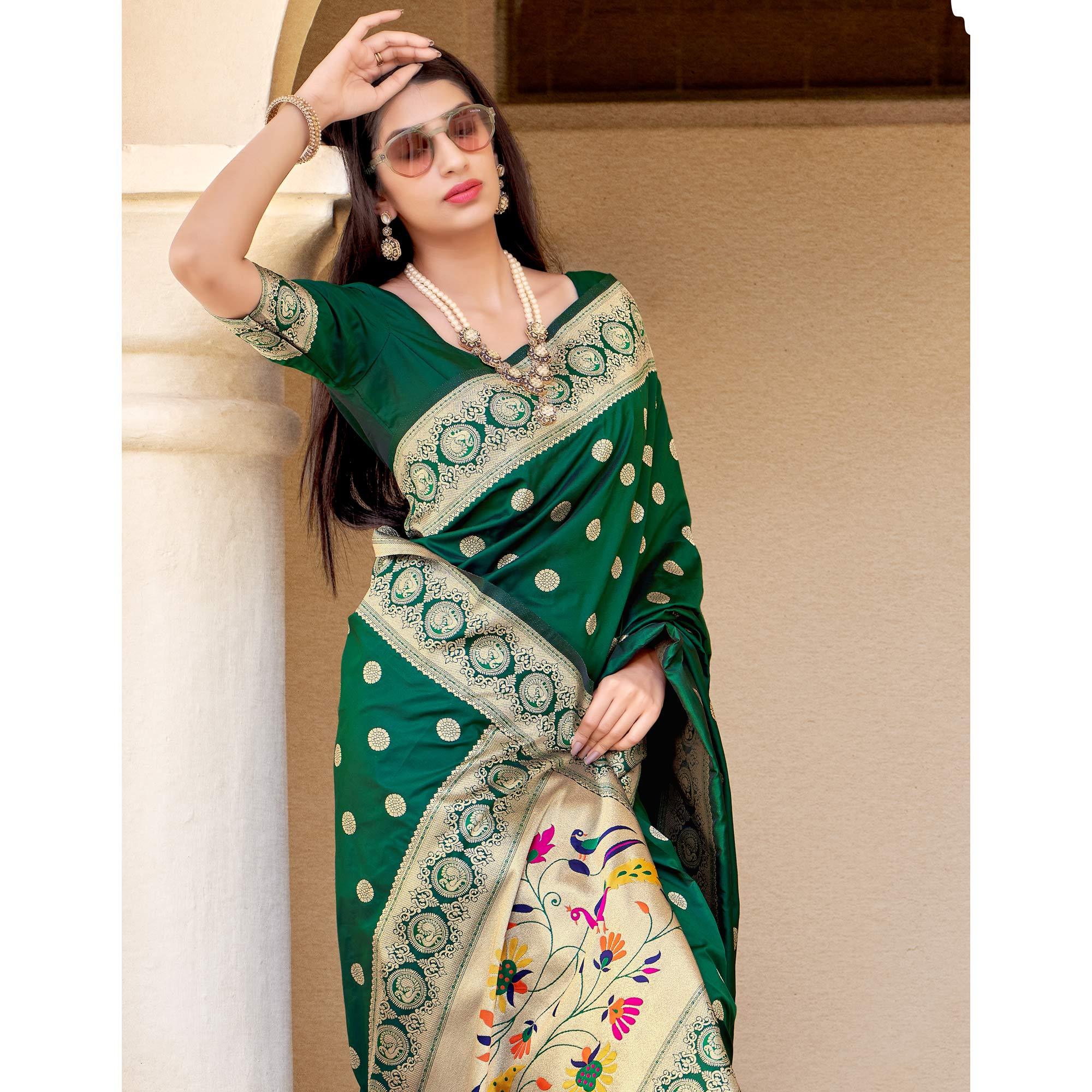 Green Festive Wear Woven Banarasi Soft Silk Saree - Peachmode
