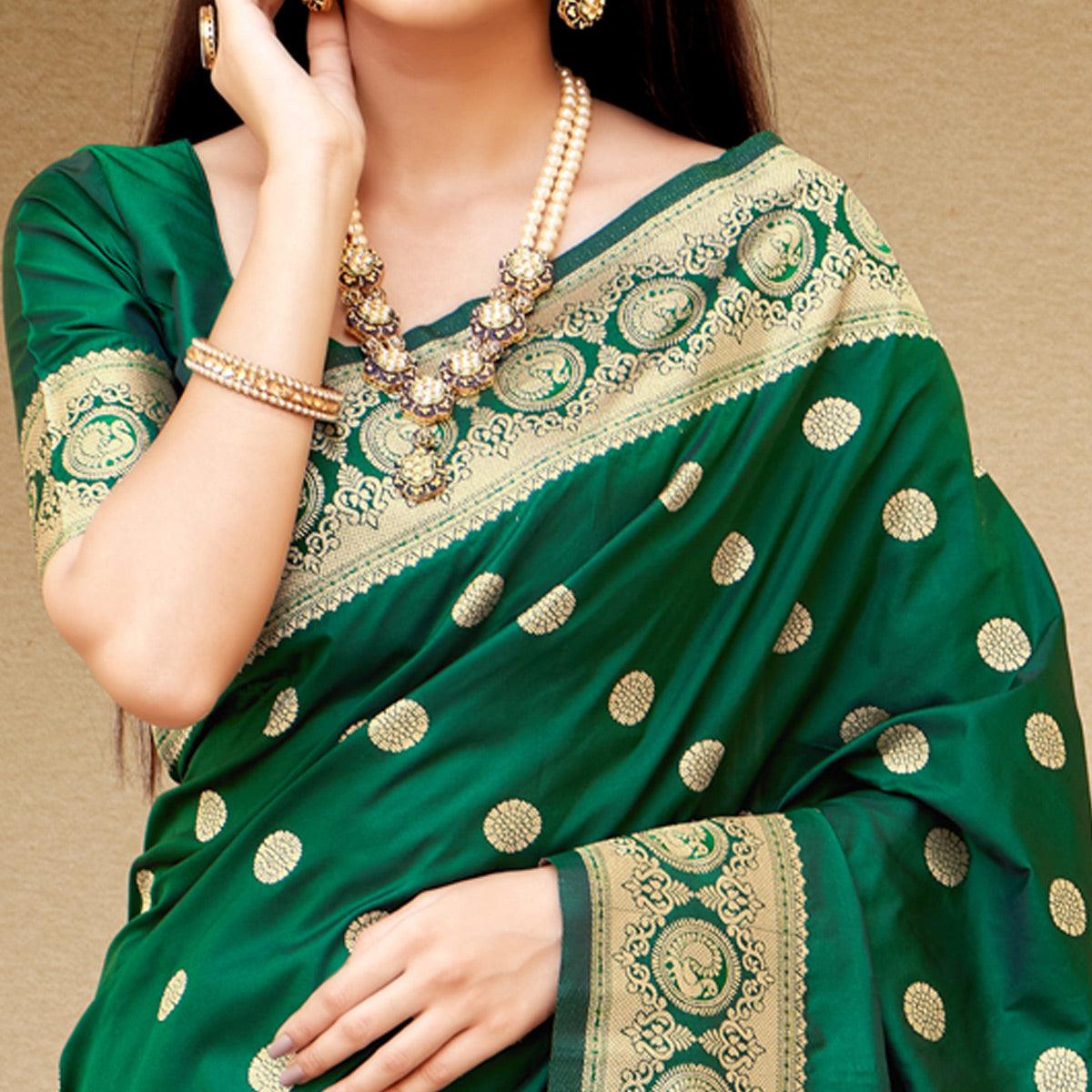Green Festive Wear Woven Banarasi Soft Silk Saree - Peachmode