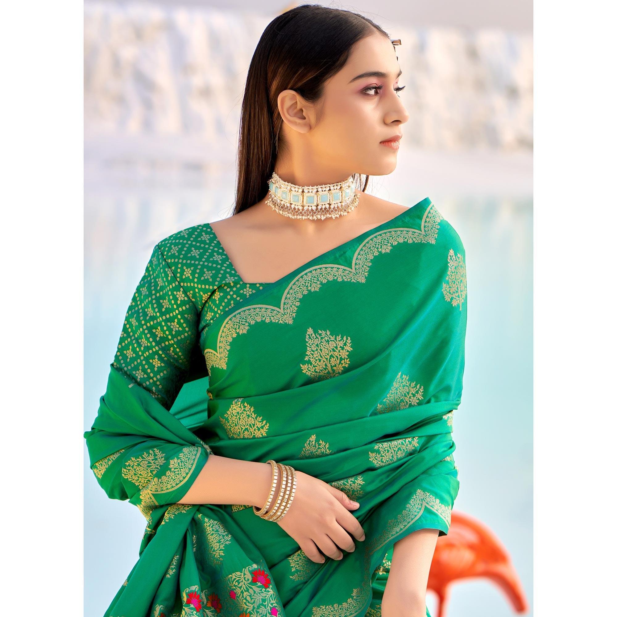 Green Festive Wear Woven Banarasi Soft Silk Saree - Peachmode