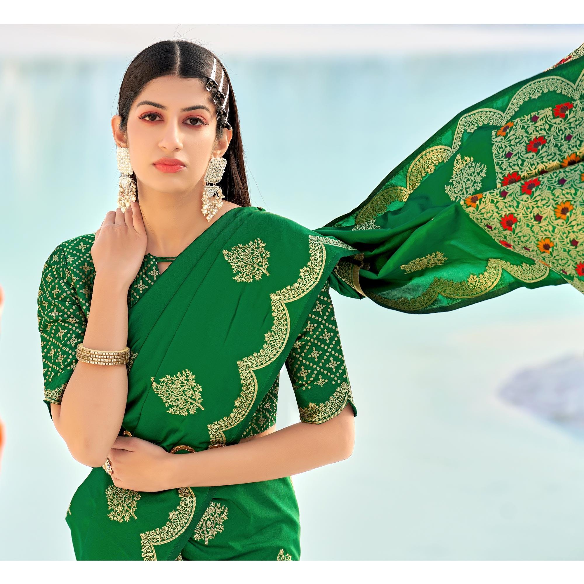 Green Festive Wear Woven Banarasi Soft Silk Saree - Peachmode