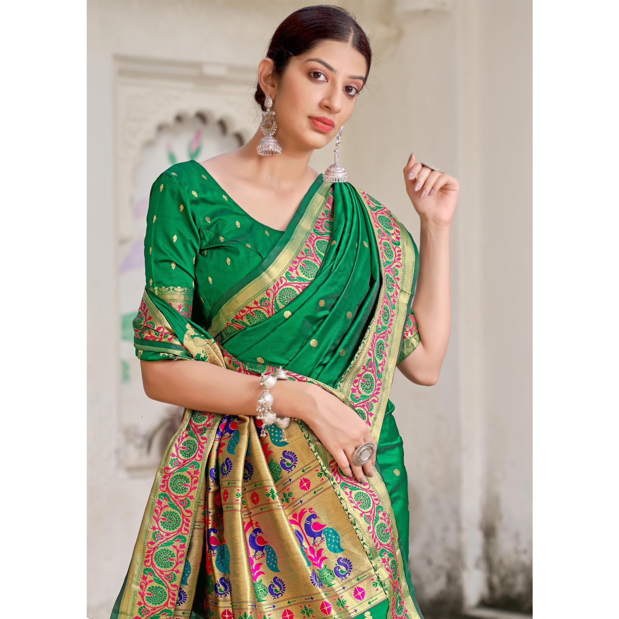 Green Festive Wear Woven Banarasi Soft Silk Saree - Peachmode