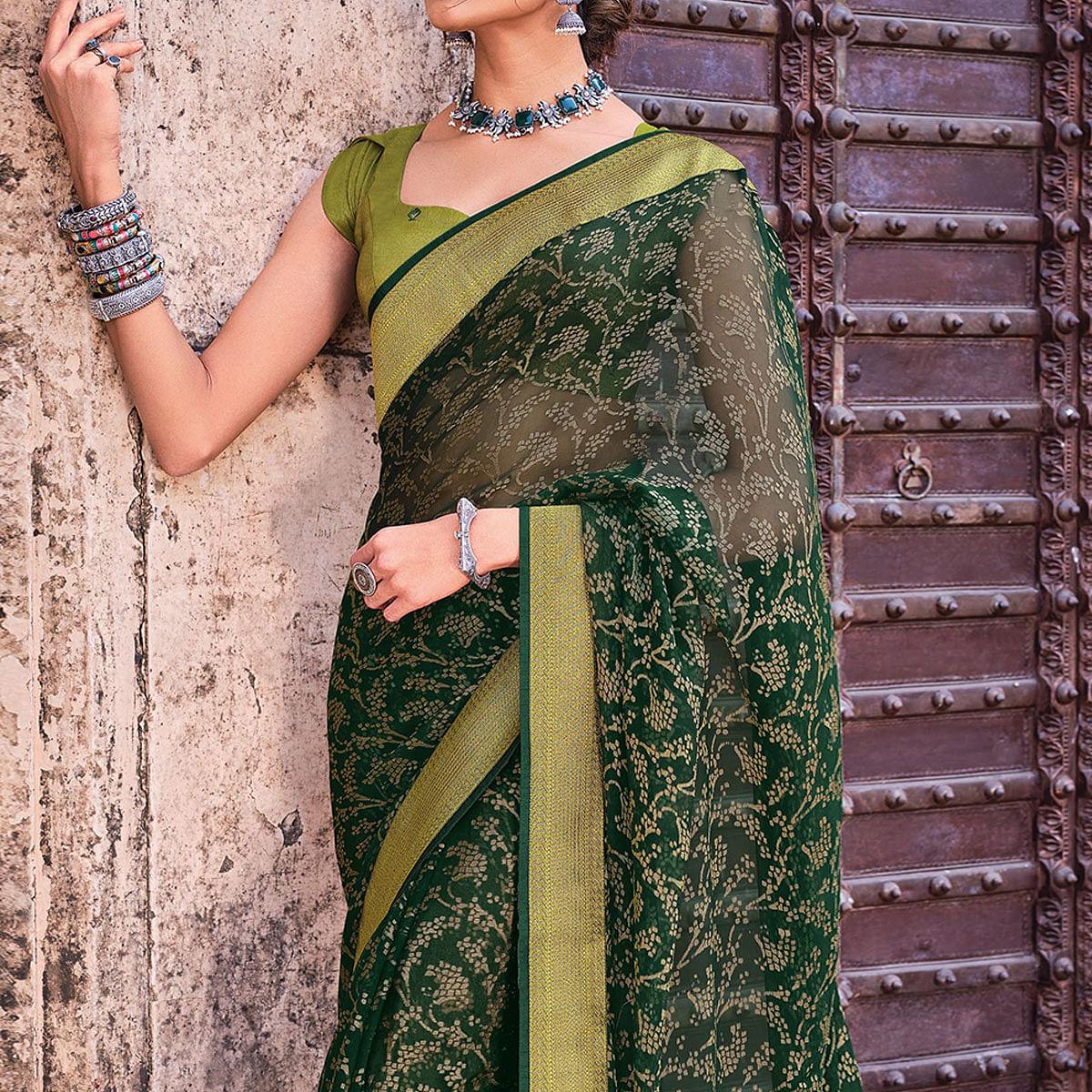 Green Festive Wear Woven Brasso Saree - Peachmode