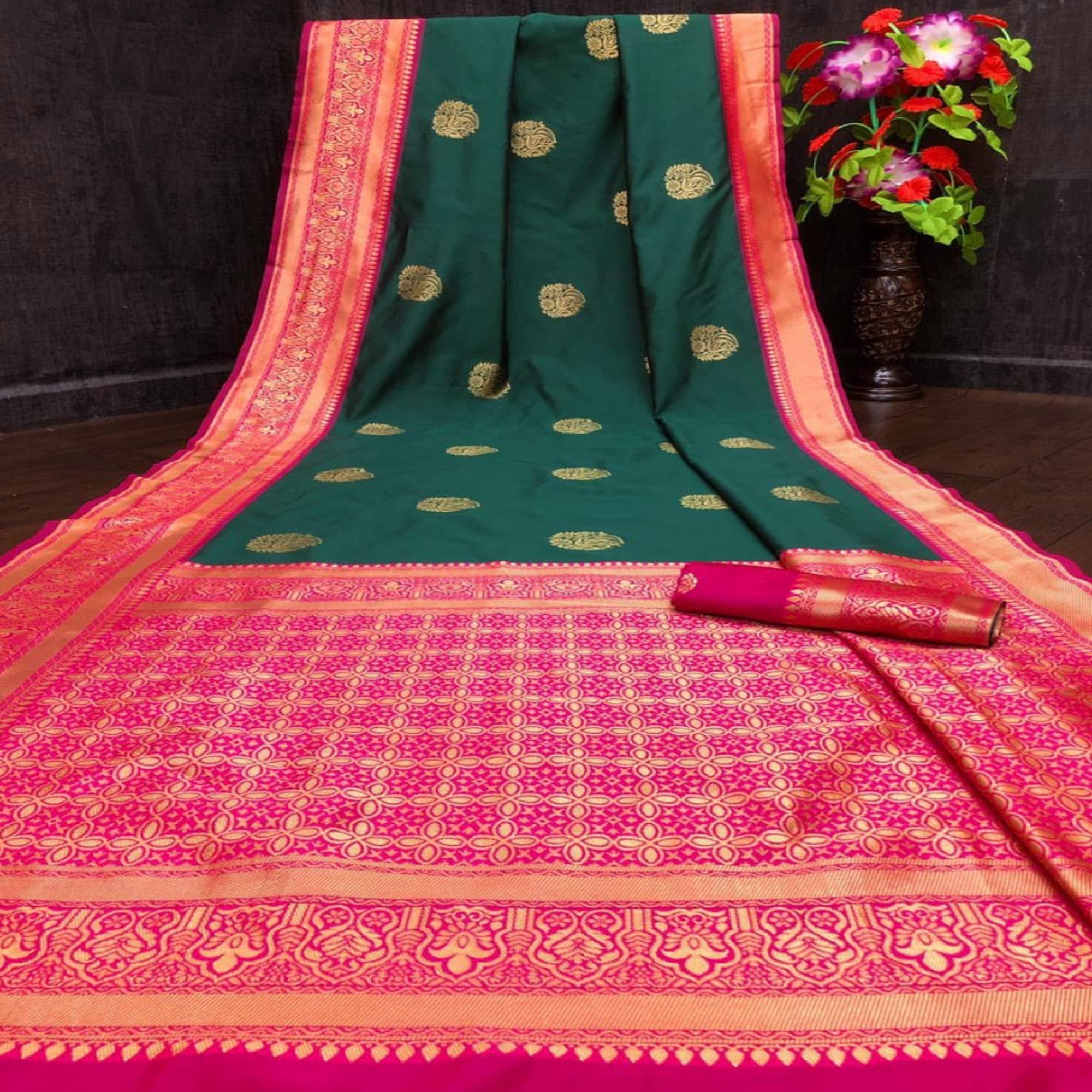 Green Festive Wear Woven Butta Designer Border Soft Lichi Silk Saree - Peachmode
