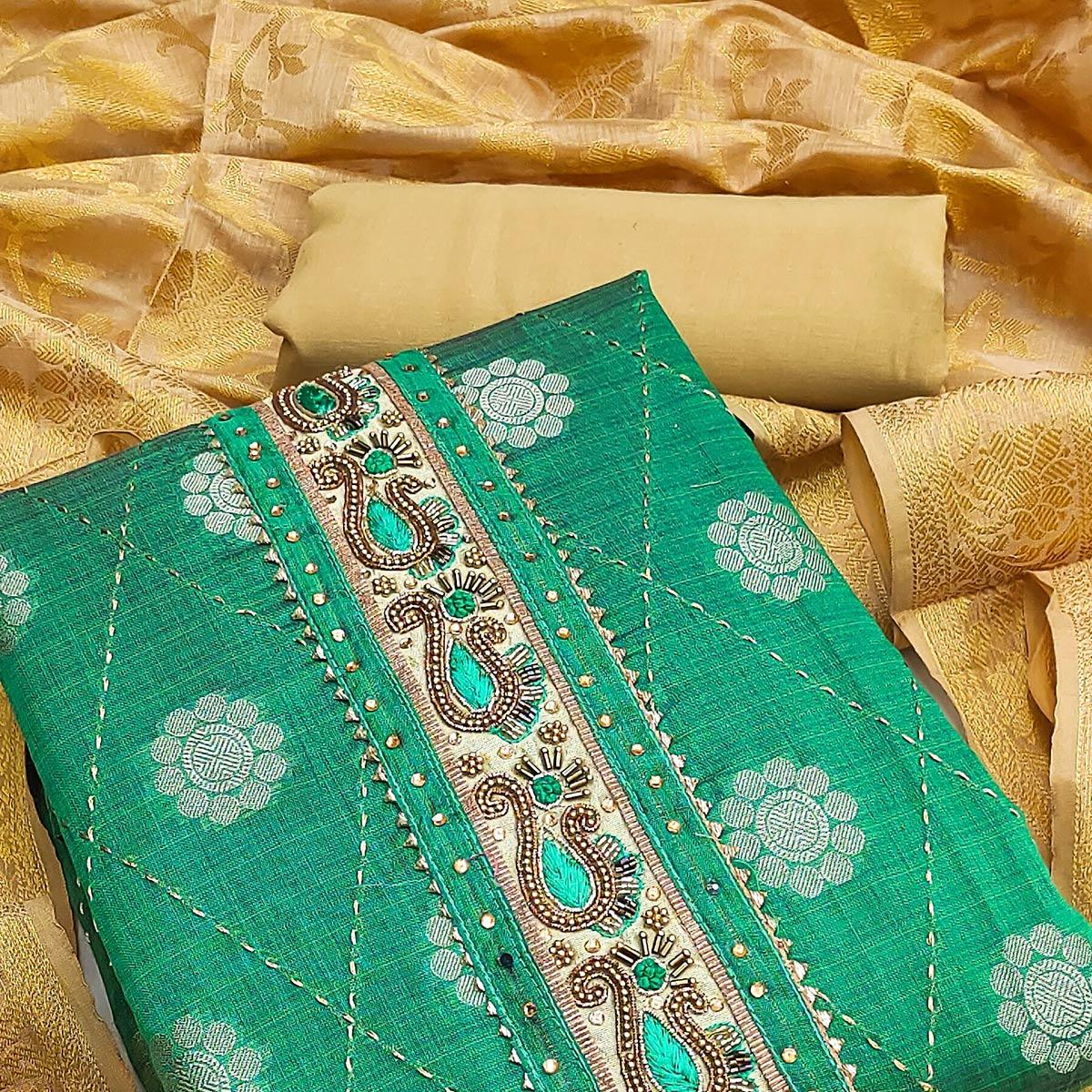 Green Festive Wear Woven Chanderi Dress Material - Peachmode