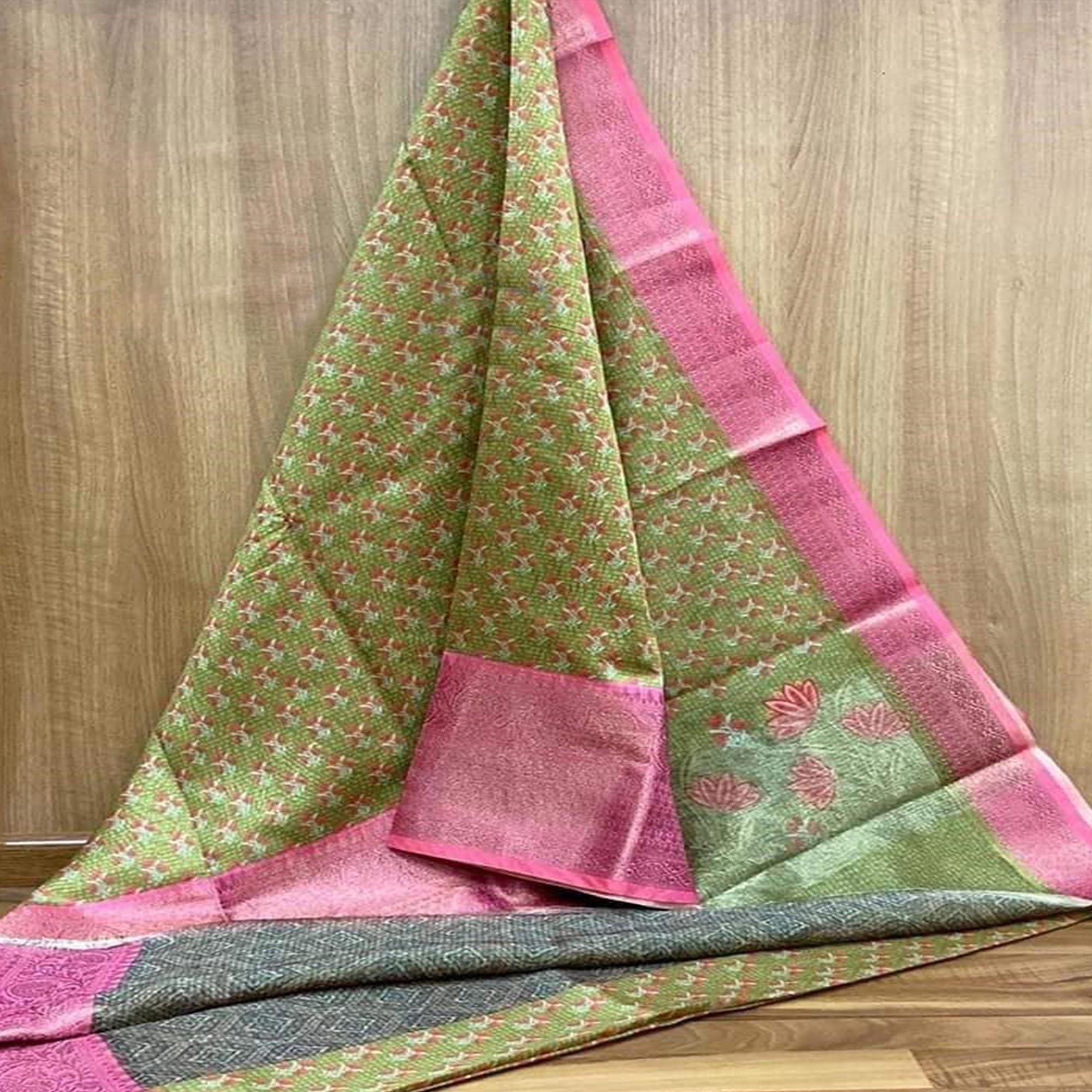 Green Festive Wear Woven Chanderi Silk Saree - Peachmode