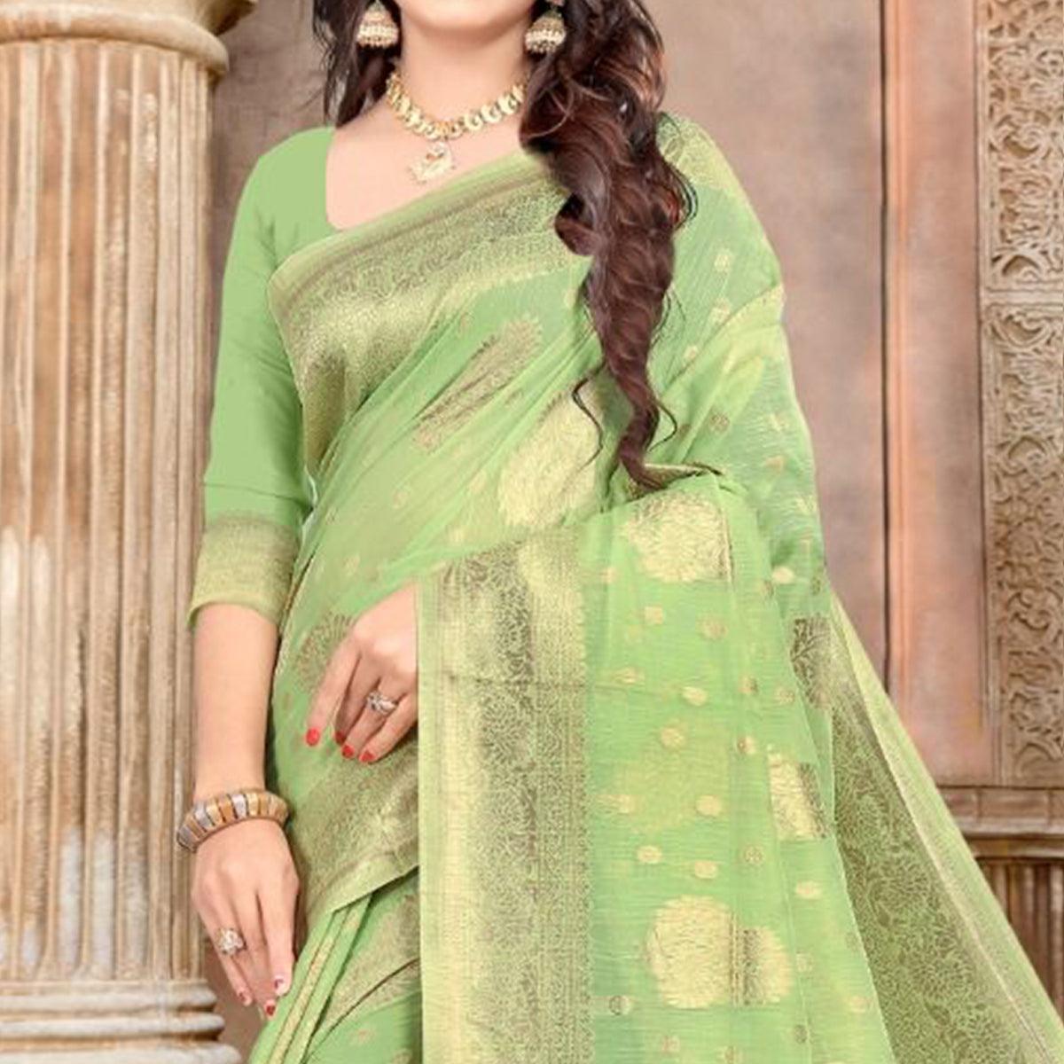 Green Festive Wear Woven Chanderi Silk Saree - Peachmode