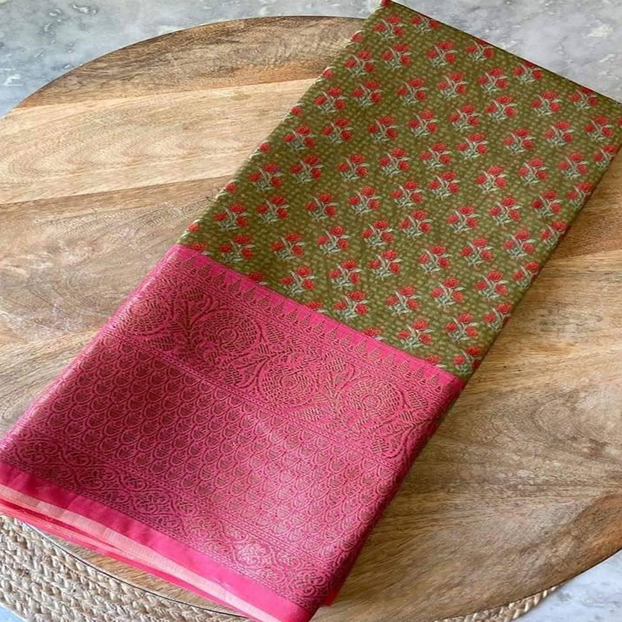Green Festive Wear Woven Chanderi Silk Saree - Peachmode