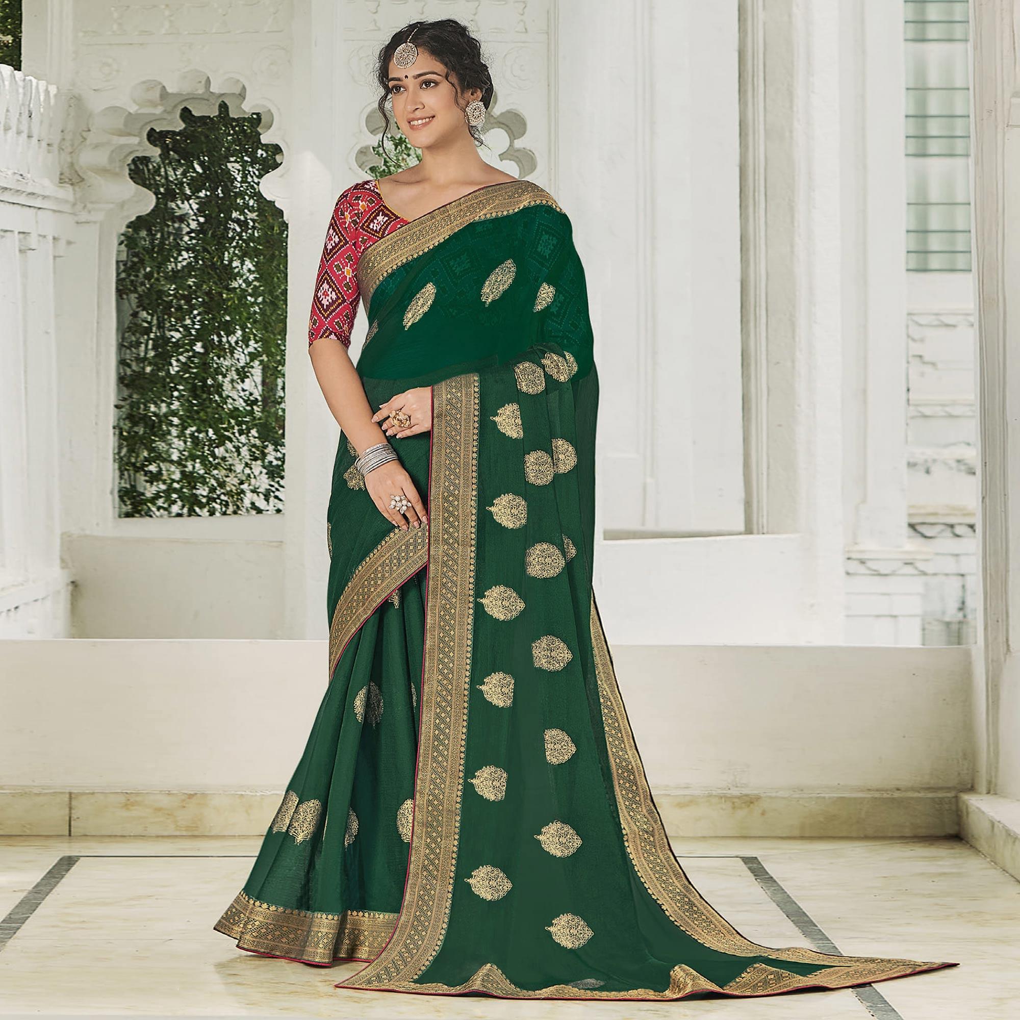 Green Festive Wear Woven Chiffon Saree - Peachmode