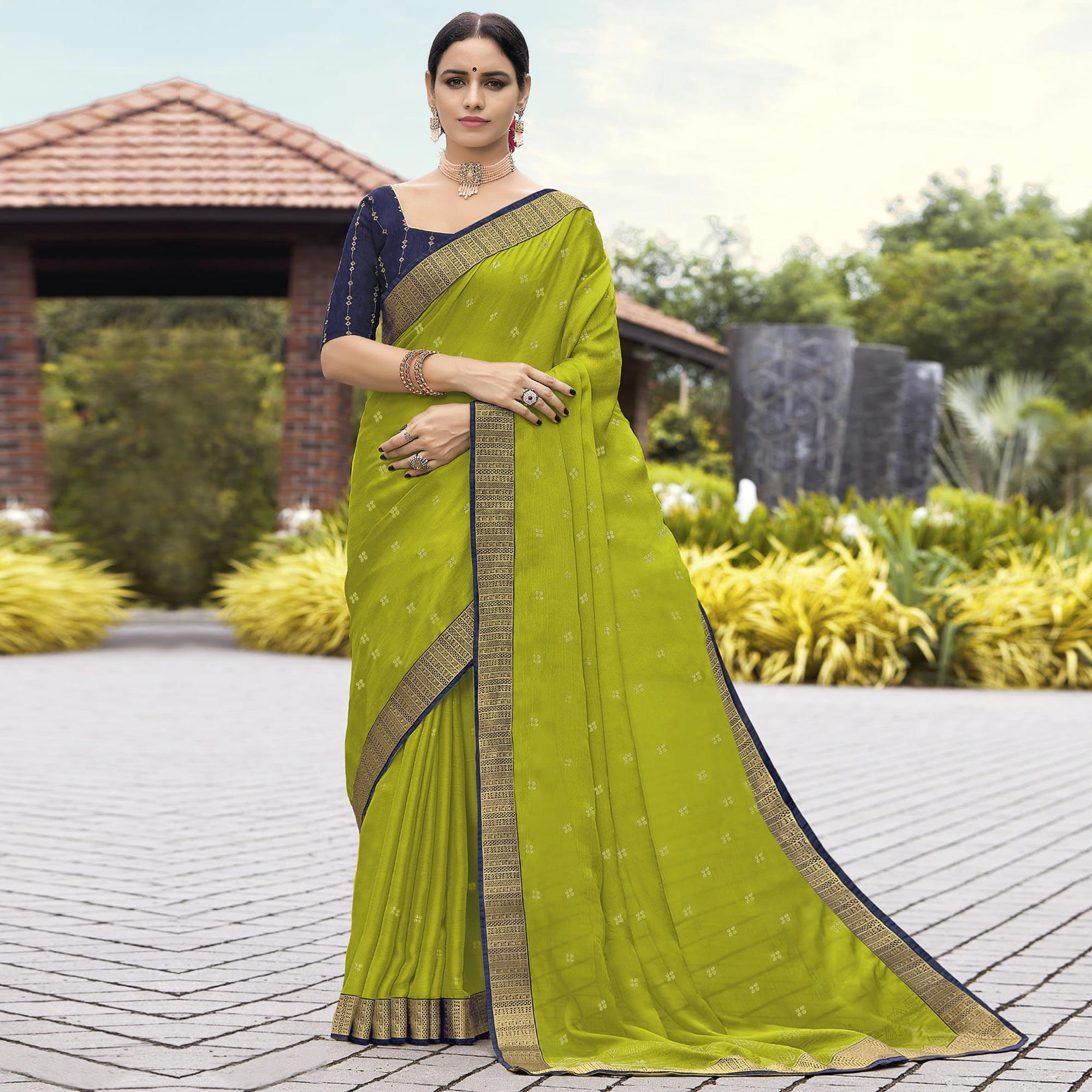 Green Festive Wear Woven Chiffon Saree - Peachmode