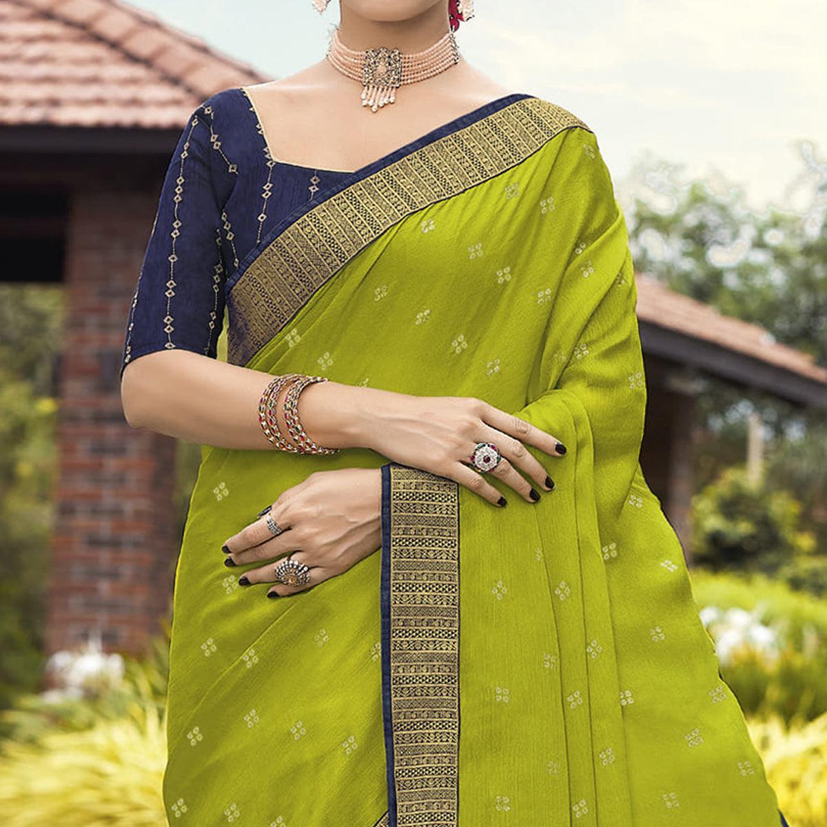 Green Festive Wear Woven Chiffon Saree - Peachmode