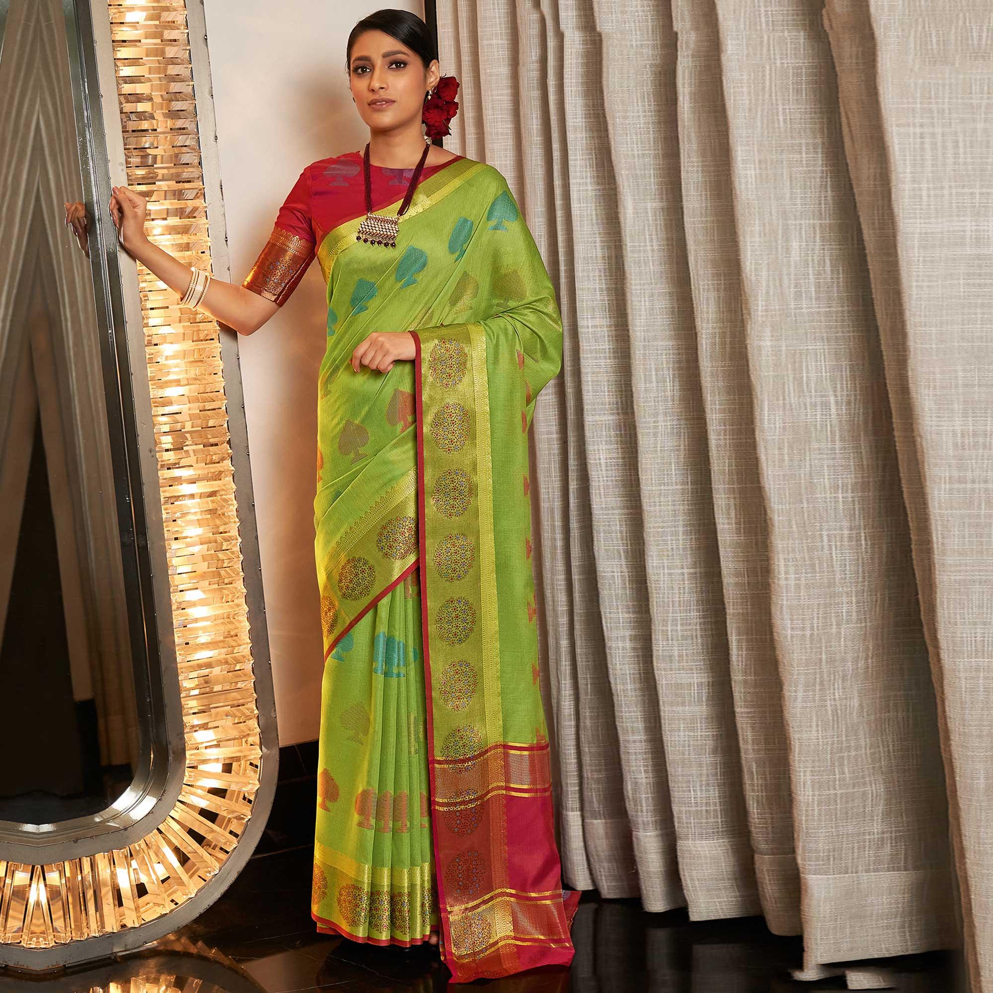 Green Festive Wear Woven Cotton Handloom Saree - Peachmode