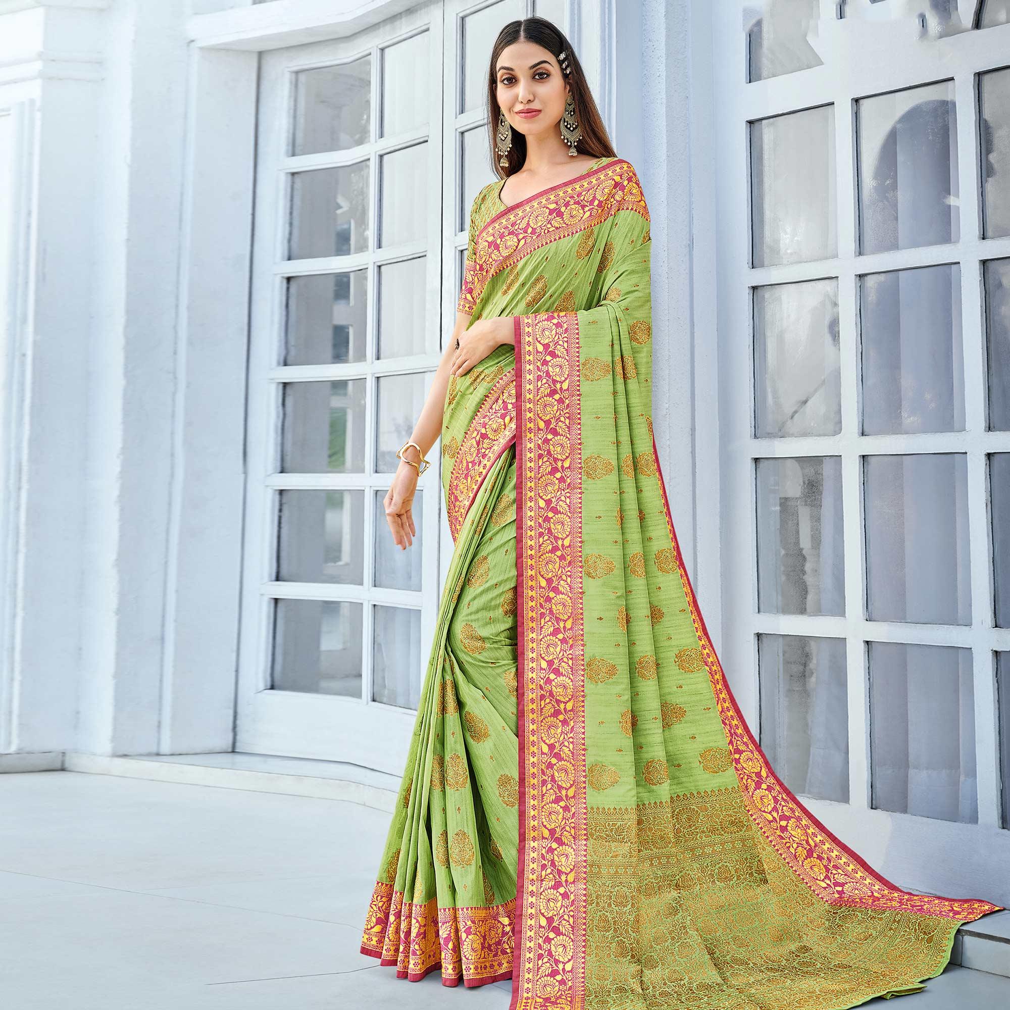 Green Festive Wear Woven Cotton Handloom Saree - Peachmode