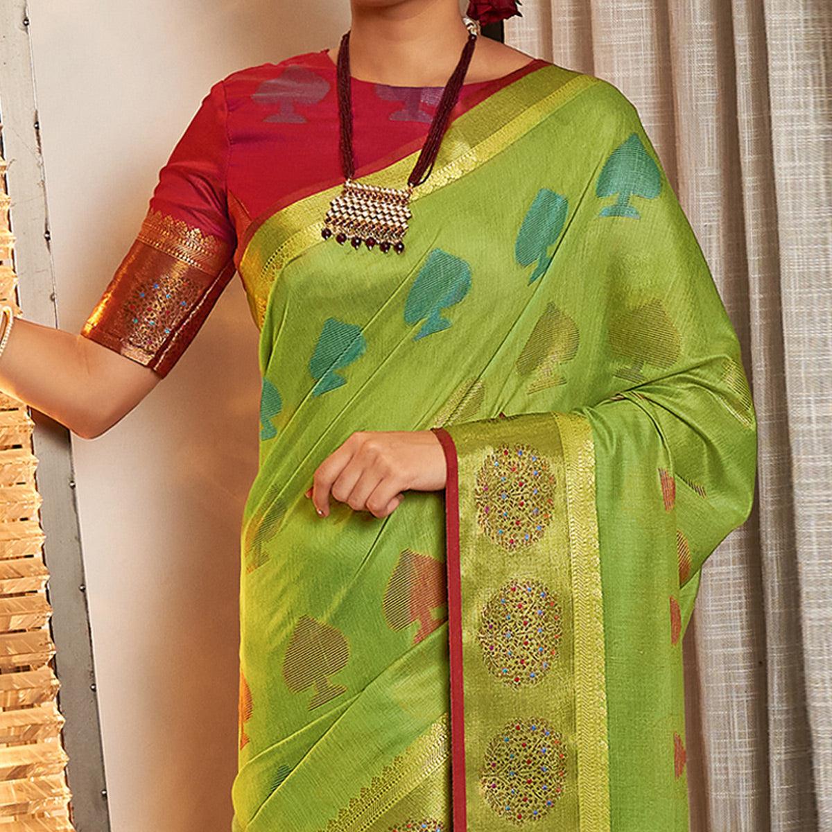 Green Festive Wear Woven Cotton Handloom Saree - Peachmode