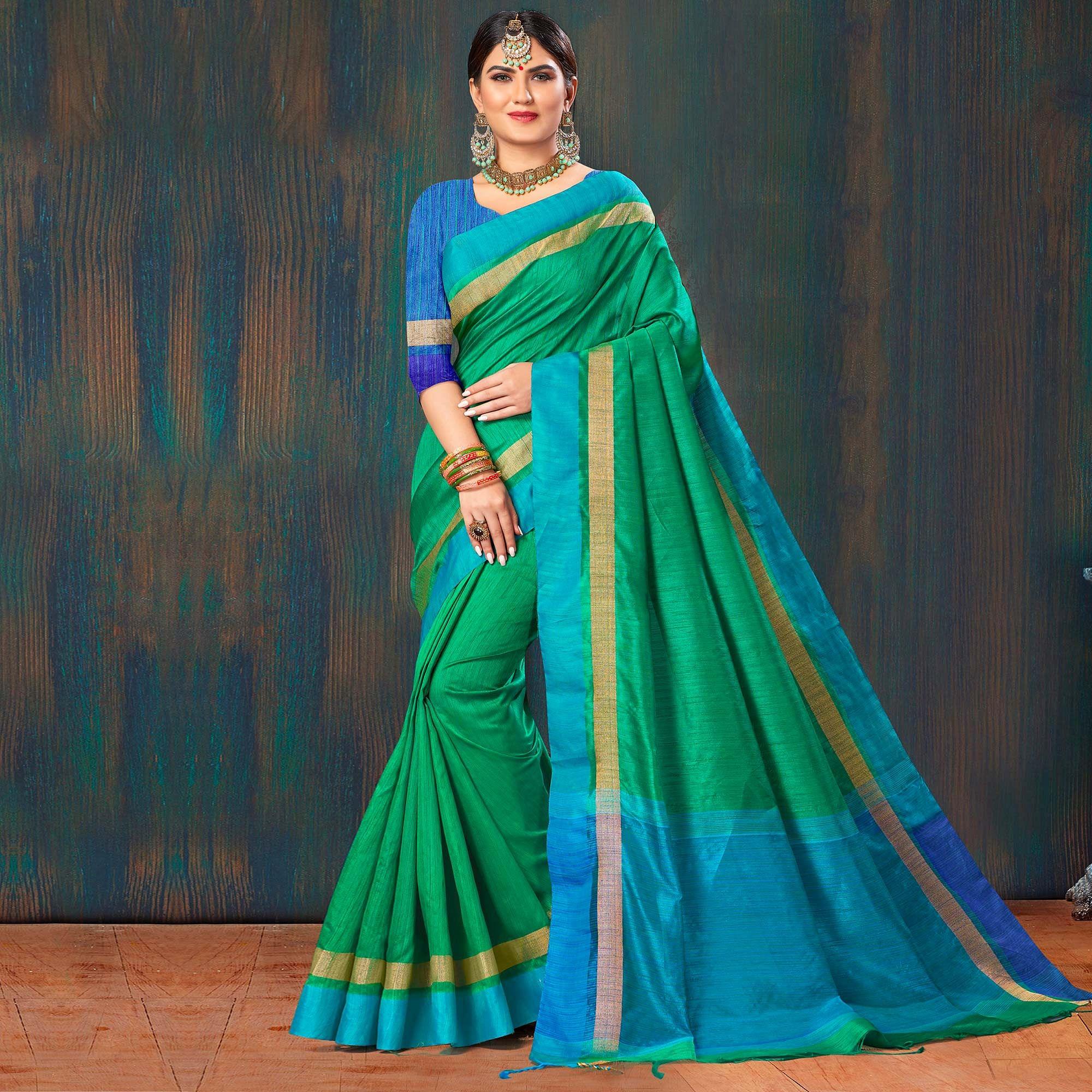 Green Festive Wear Woven Cotton Saree - Peachmode