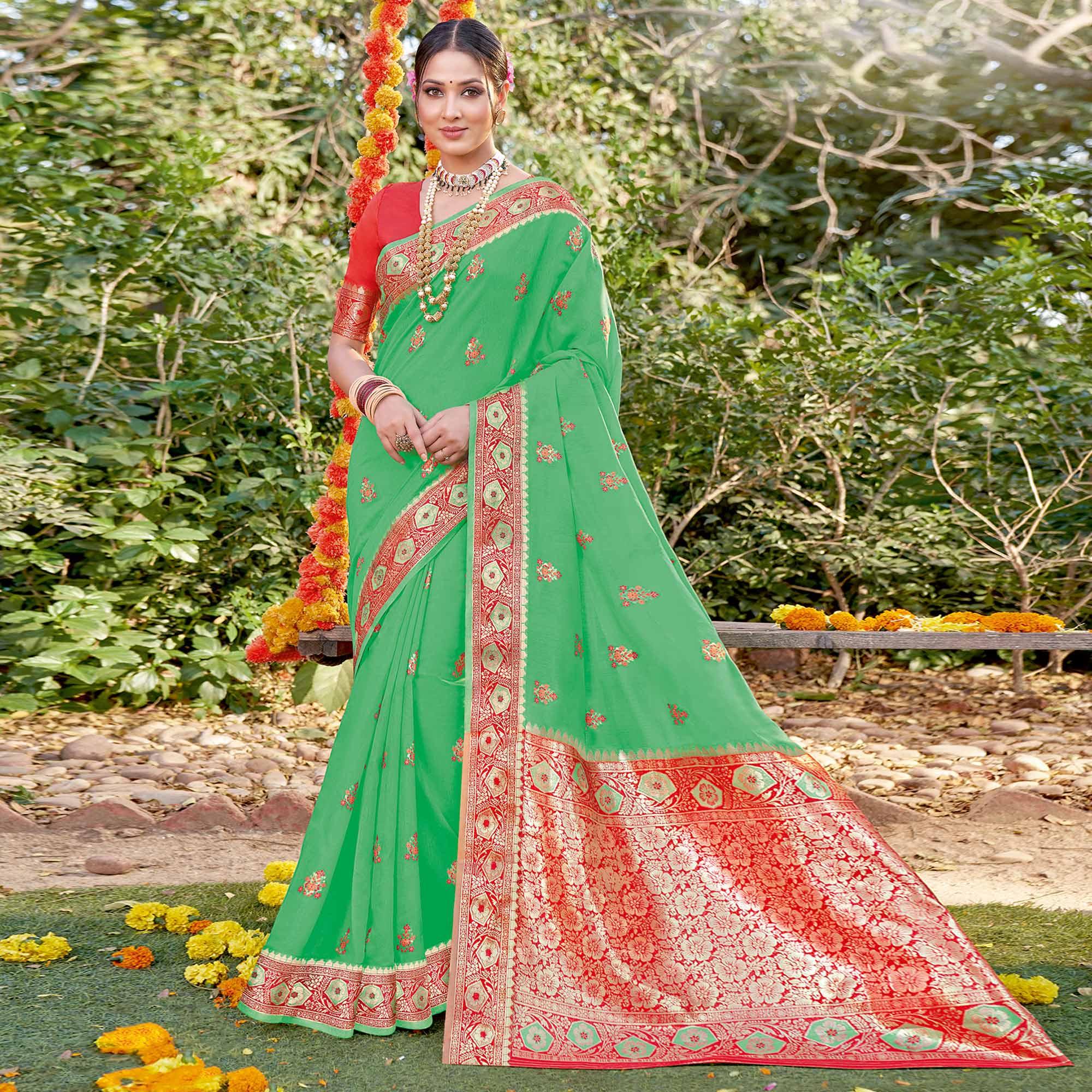 Green Festive Wear Woven Cotton Saree - Peachmode