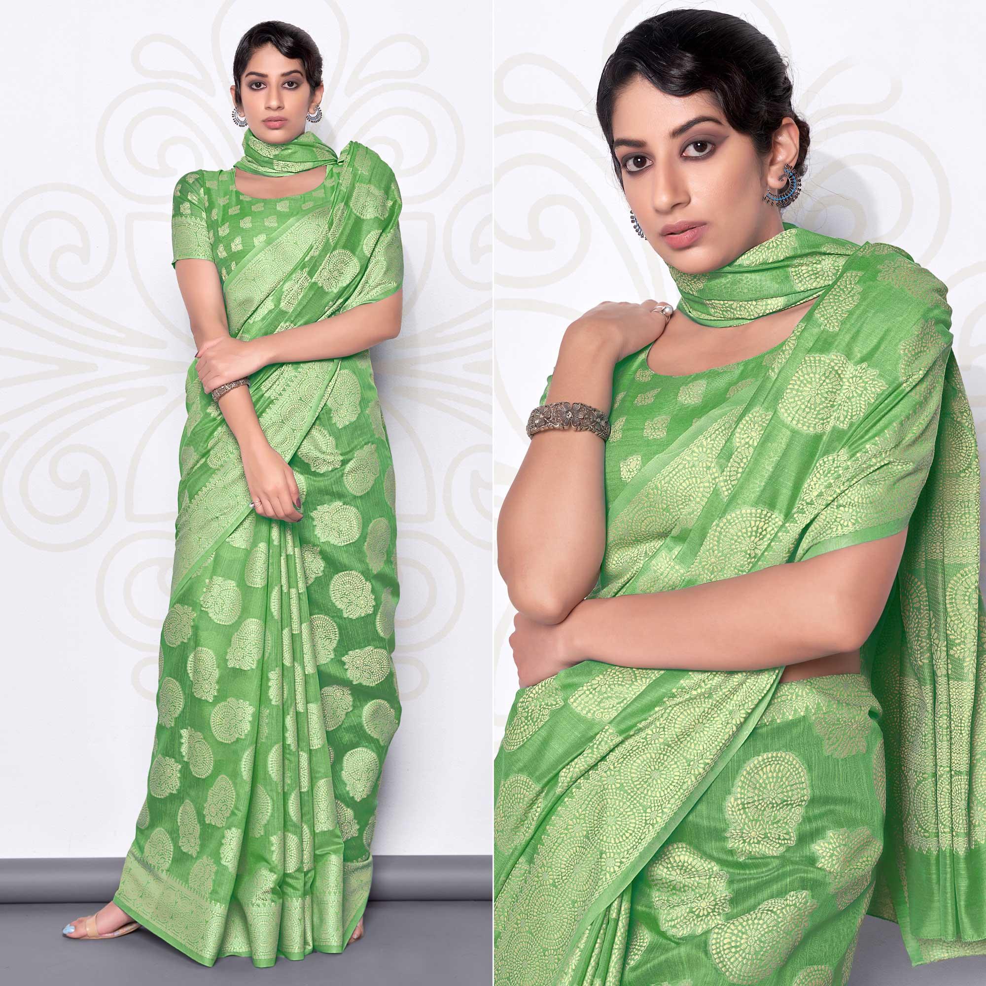 Green Festive Wear Woven Cotton Saree - Peachmode