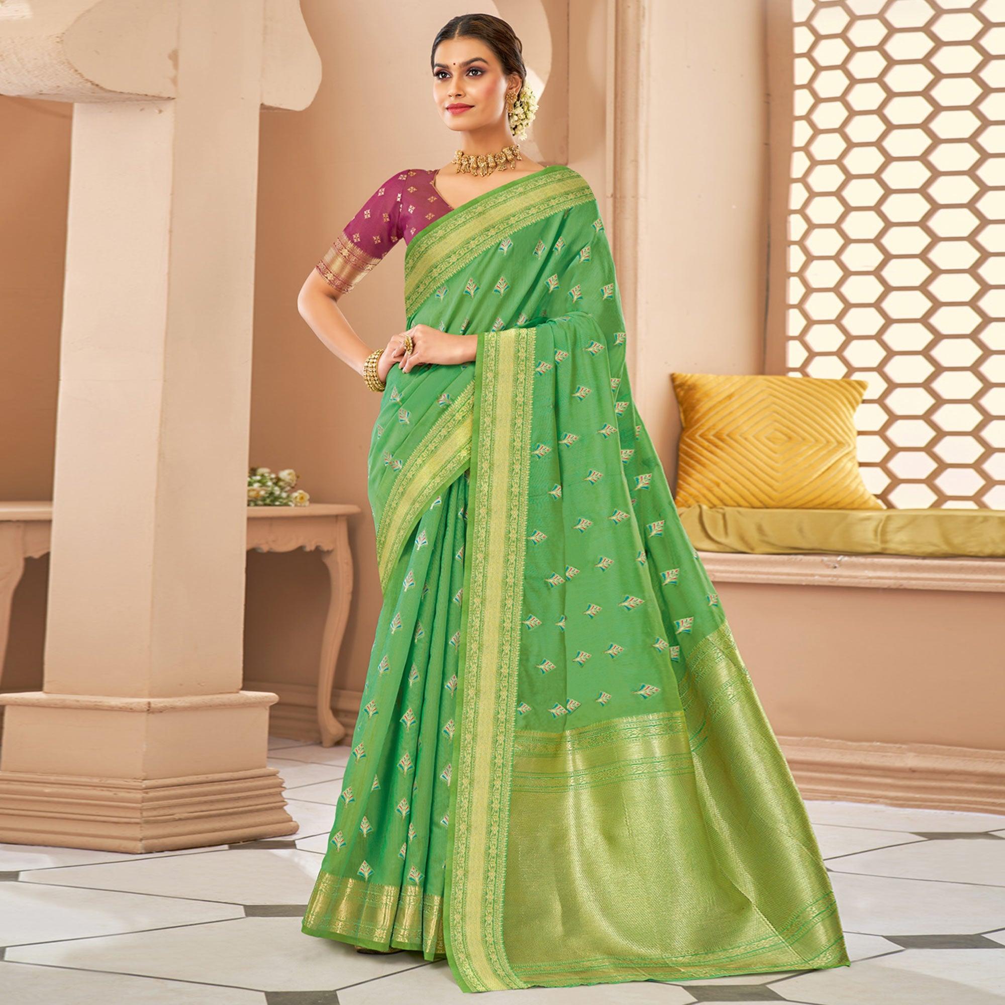 Green Festive Wear Woven Cotton Saree - Peachmode