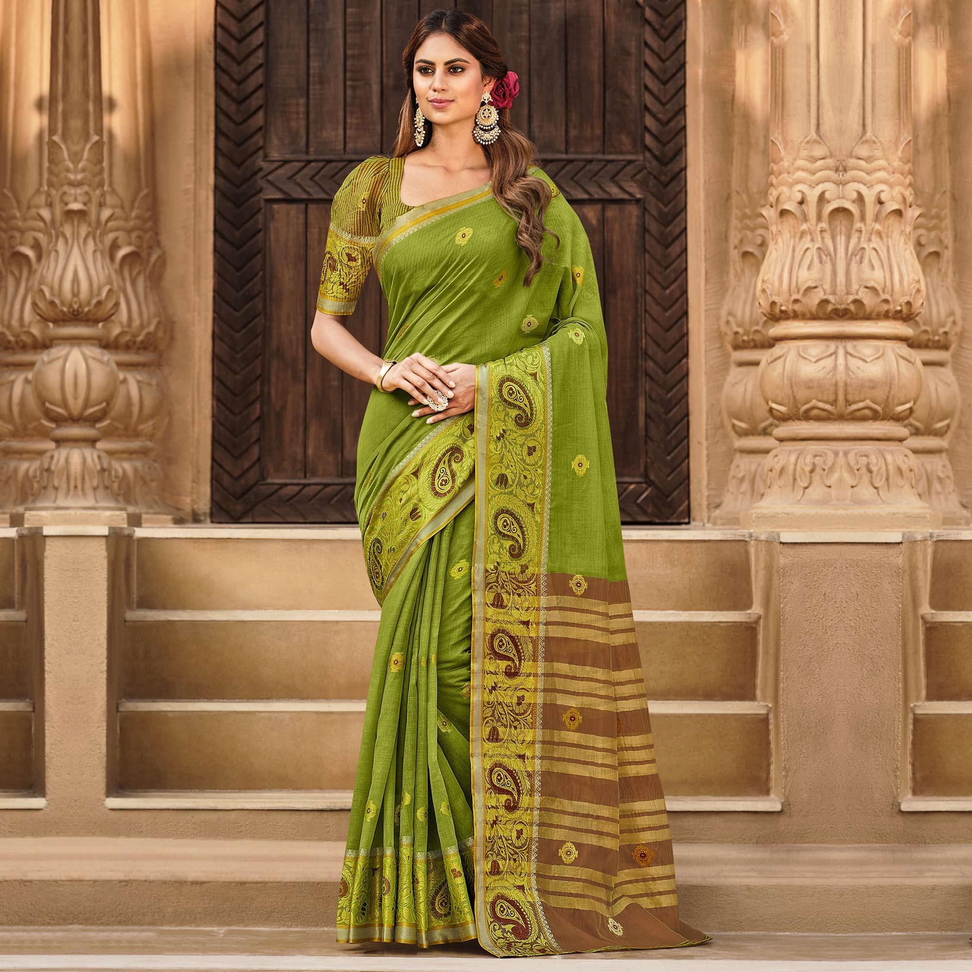Green Festive Wear Woven Cotton Saree - Peachmode