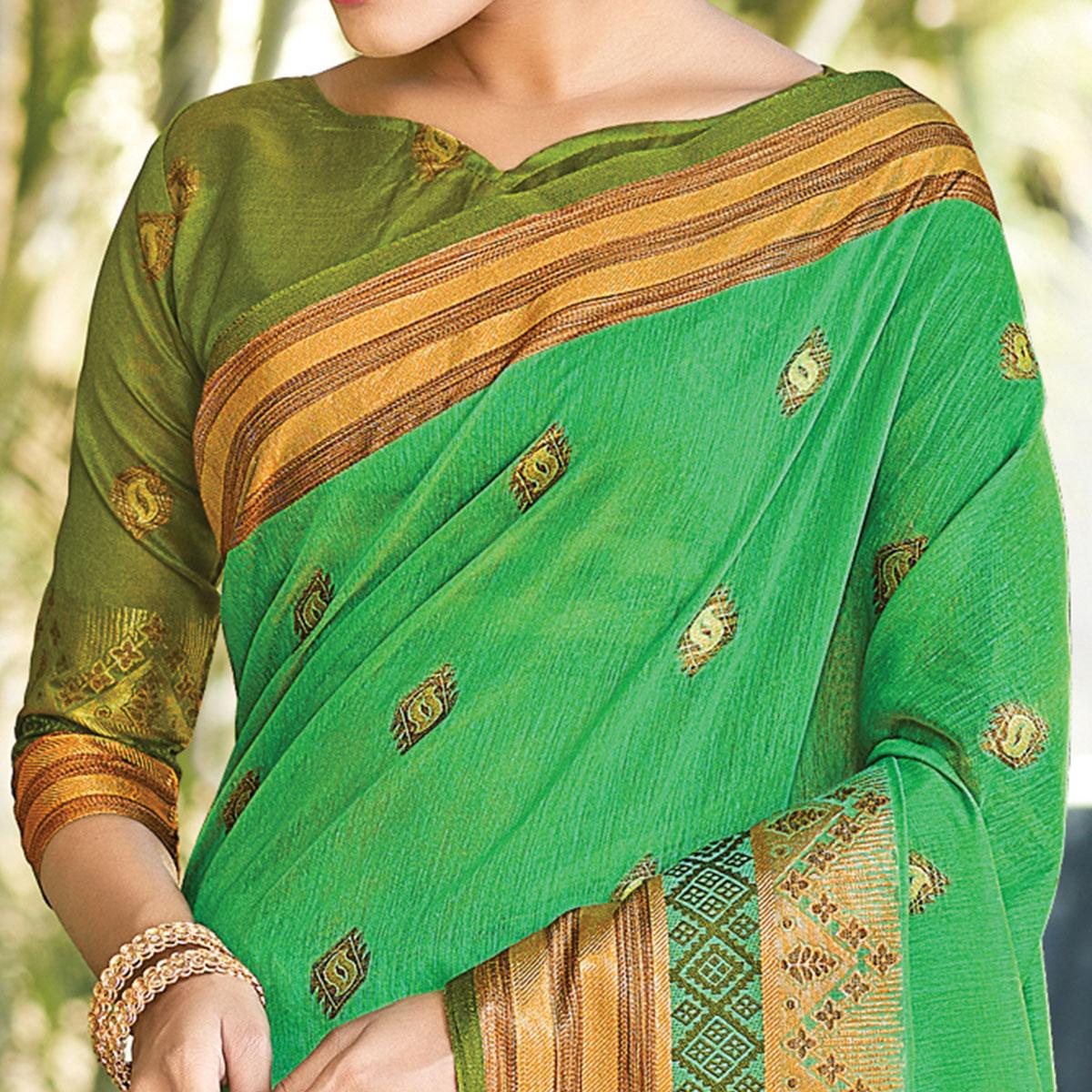Green Festive Wear Woven Cotton Saree - Peachmode