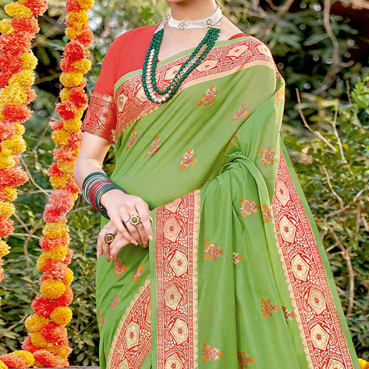 Green Festive Wear Woven Cotton Saree - Peachmode