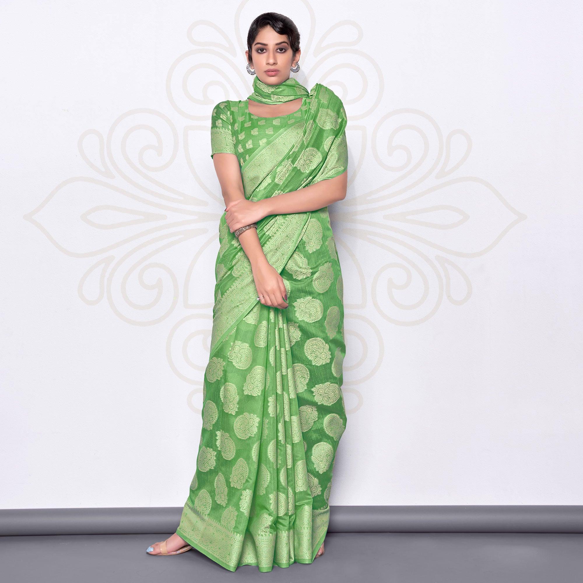 Green Festive Wear Woven Cotton Saree - Peachmode