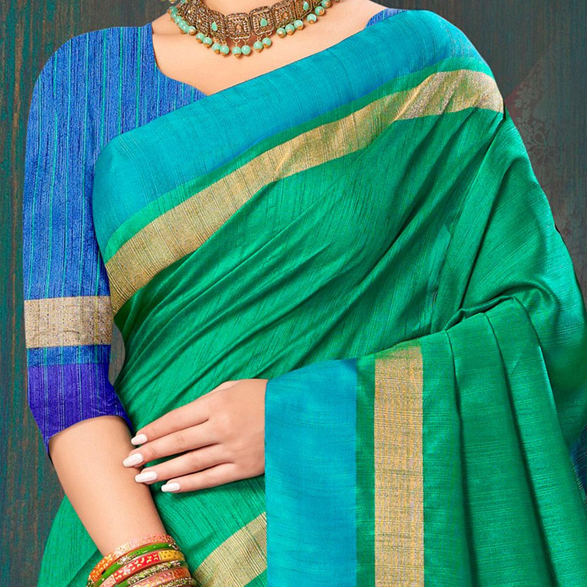 Green Festive Wear Woven Cotton Saree - Peachmode