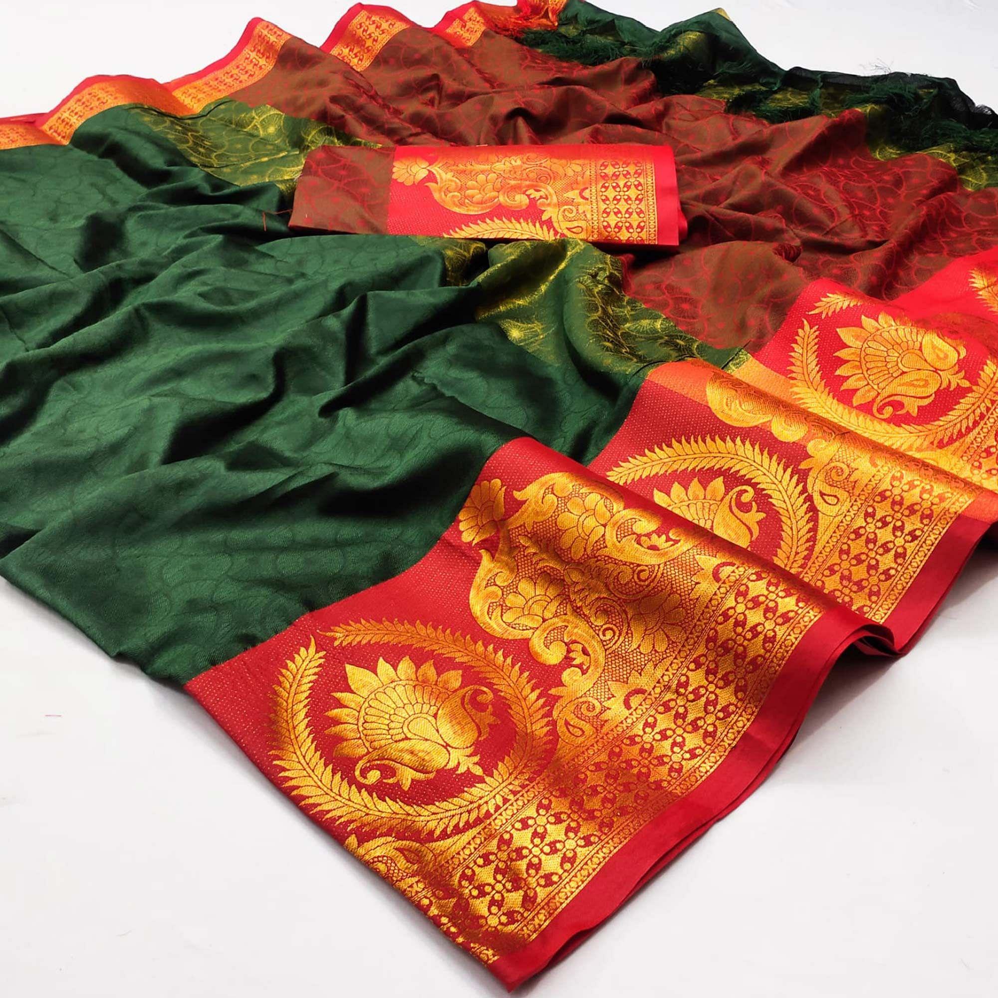 Green Festive Wear Woven Cotton Saree - Peachmode