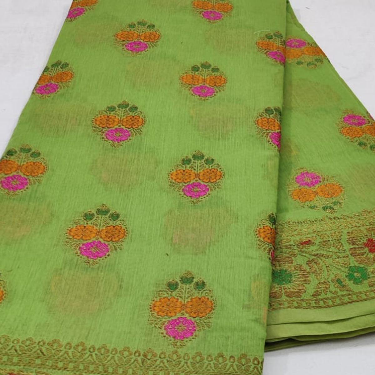Green Festive Wear Woven Cotton Saree With Meena Butta Pallu - Peachmode