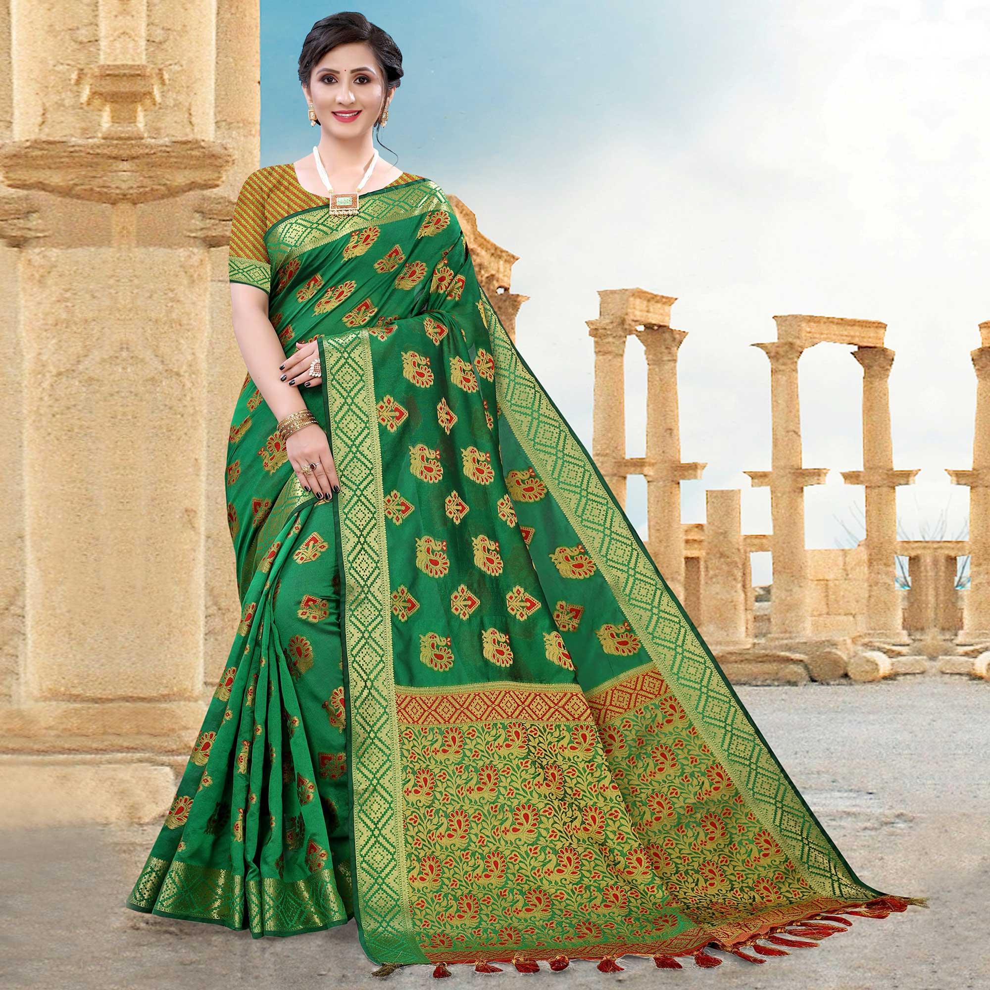 Green Festive Wear Woven Cotton Saree With Tassels - Peachmode