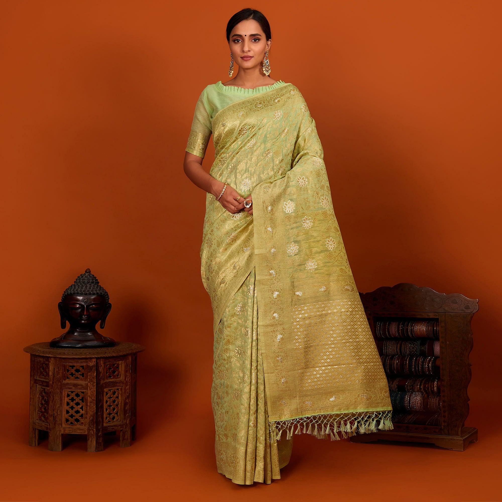 Green Festive Wear Woven Cotton Saree With Tassels - Peachmode