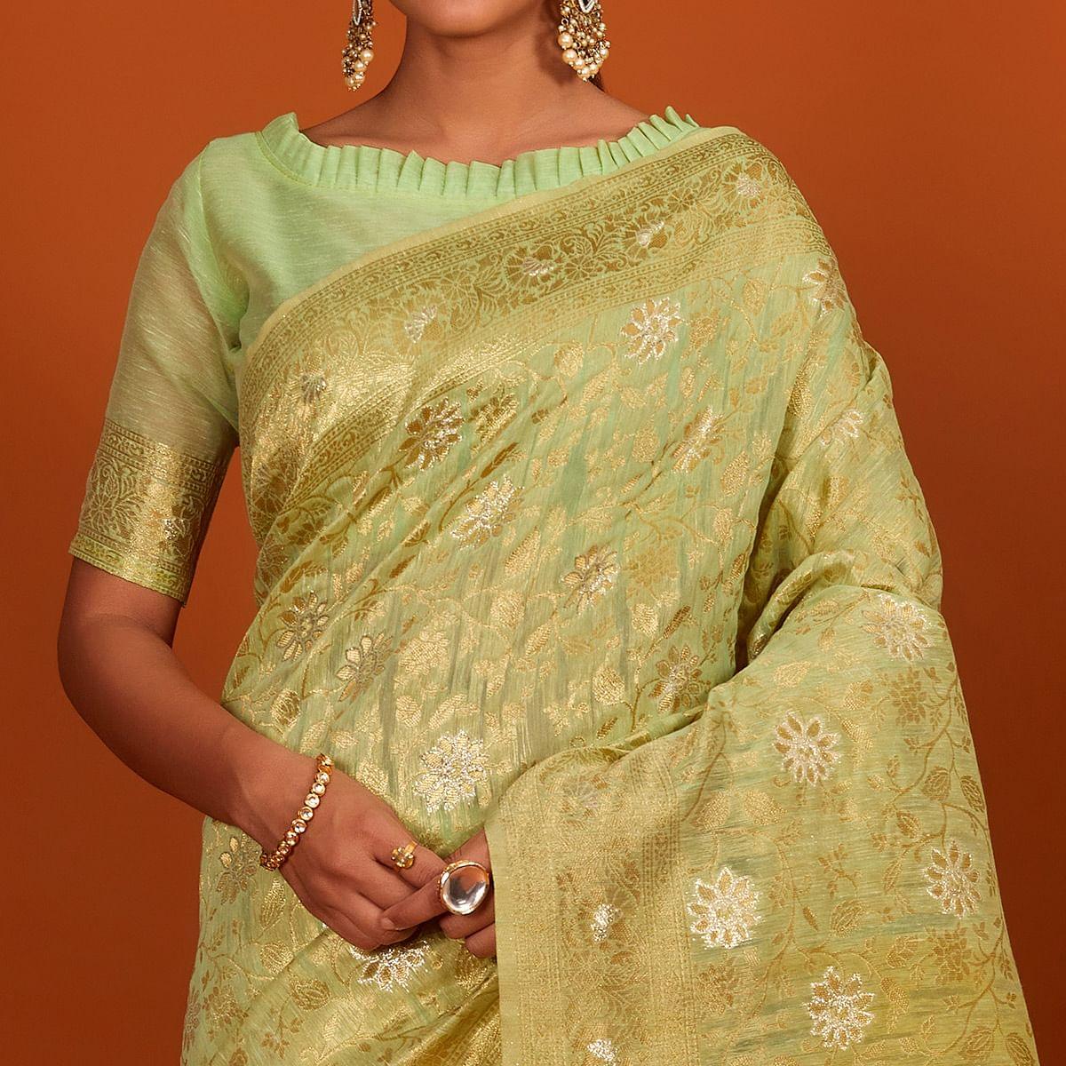 Green Festive Wear Woven Cotton Saree With Tassels - Peachmode