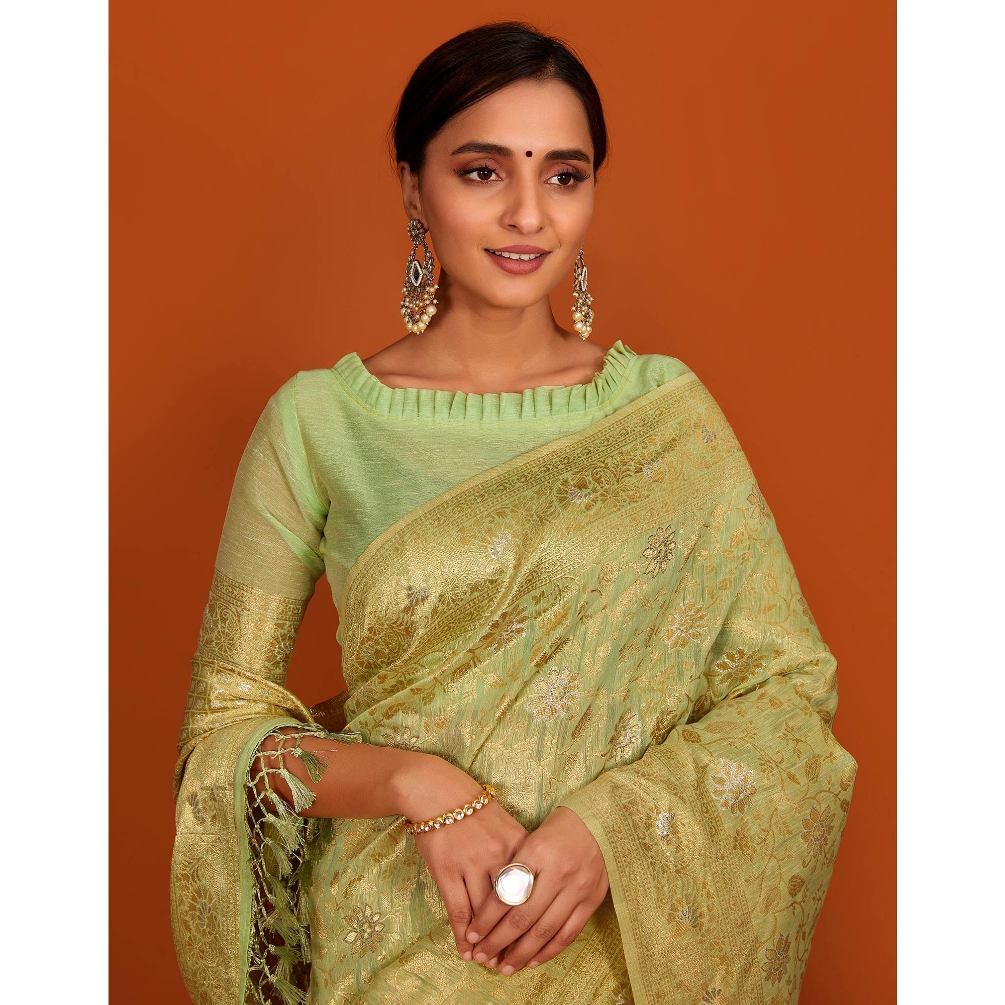 Green Festive Wear Woven Cotton Saree With Tassels - Peachmode