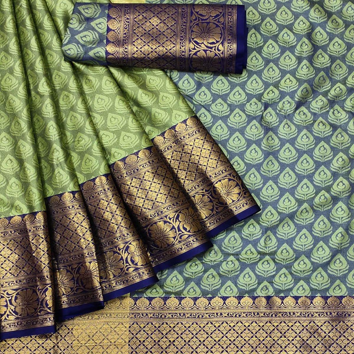 Green Festive Wear Woven Cotton Saree With Tassels - Peachmode